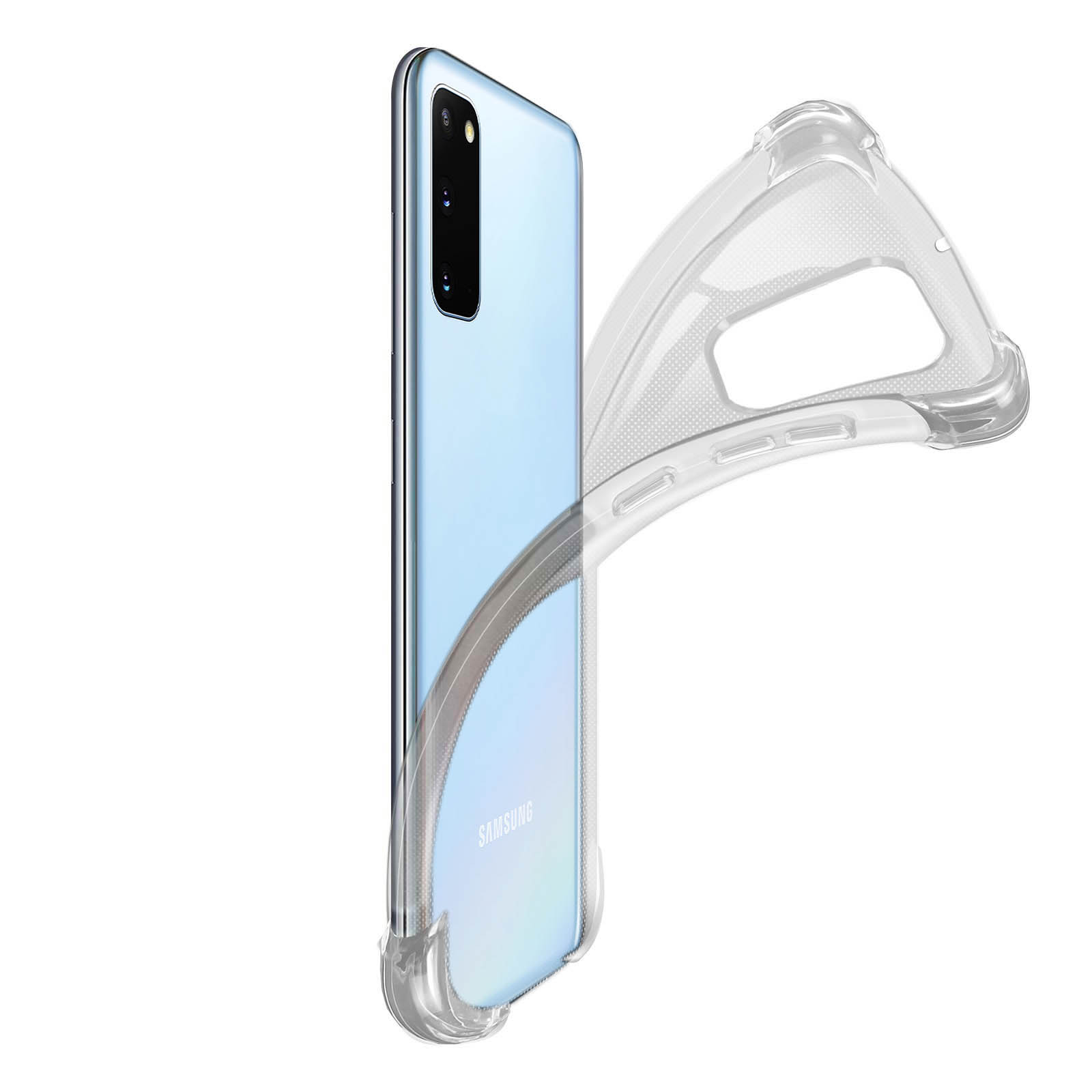 Custodia trasparente per telefono su un telefono blu. La custodia è trasparente e il telefono è blu.