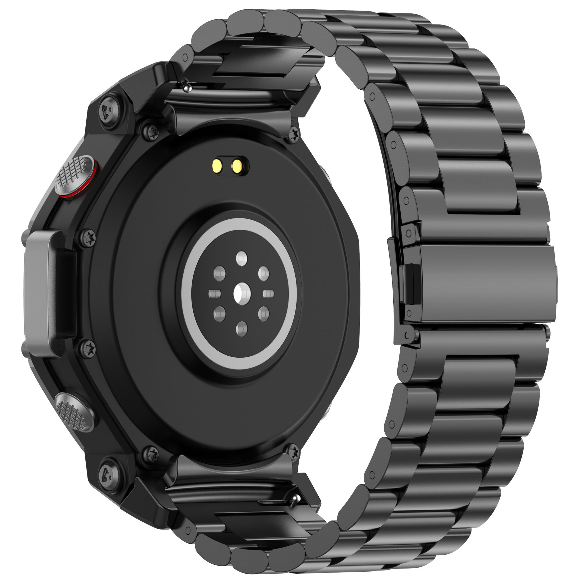 Schwarze Smartwatch-Rückseite mit angebrachtem schwarzen Armband, zeigt Sensoren und Ladepunkte.