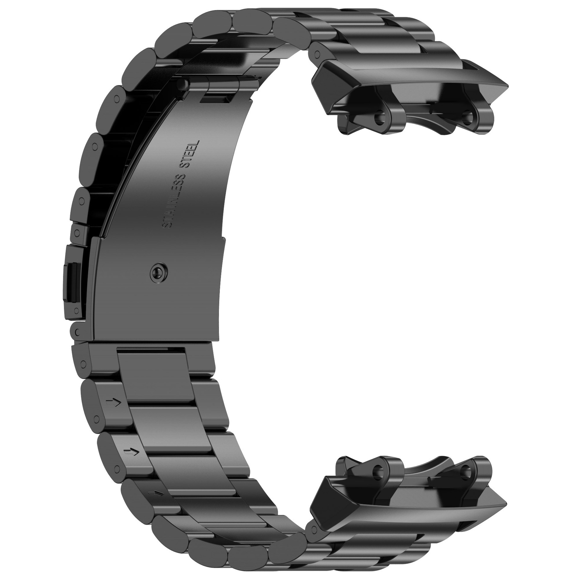Schwarzes Uhrenarmband aus Edelstahl. Der Hintergrund ist weiß.