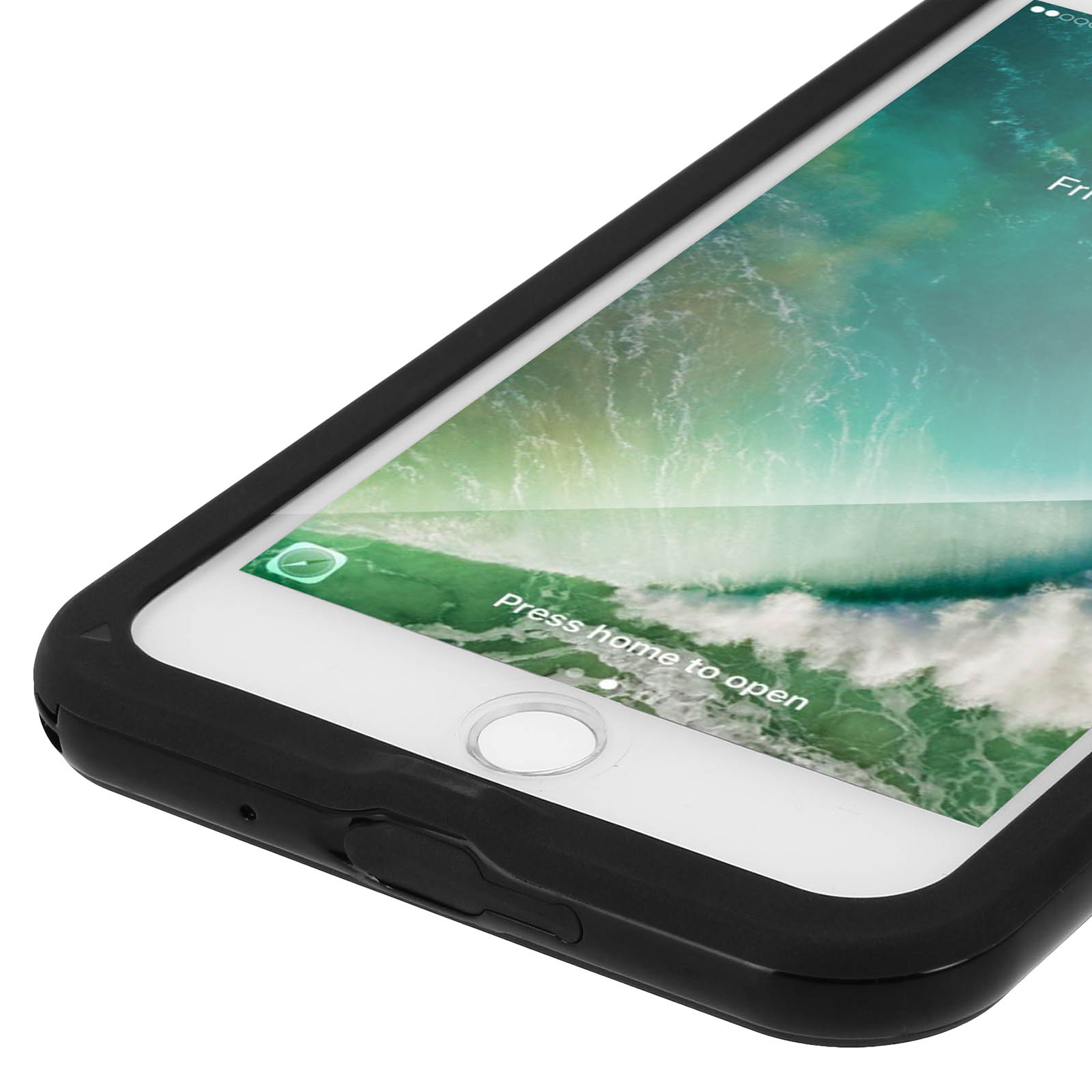 Primo piano di uno smartphone con custodia protettiva nera. Mostra il bordo inferiore e lo schermo.