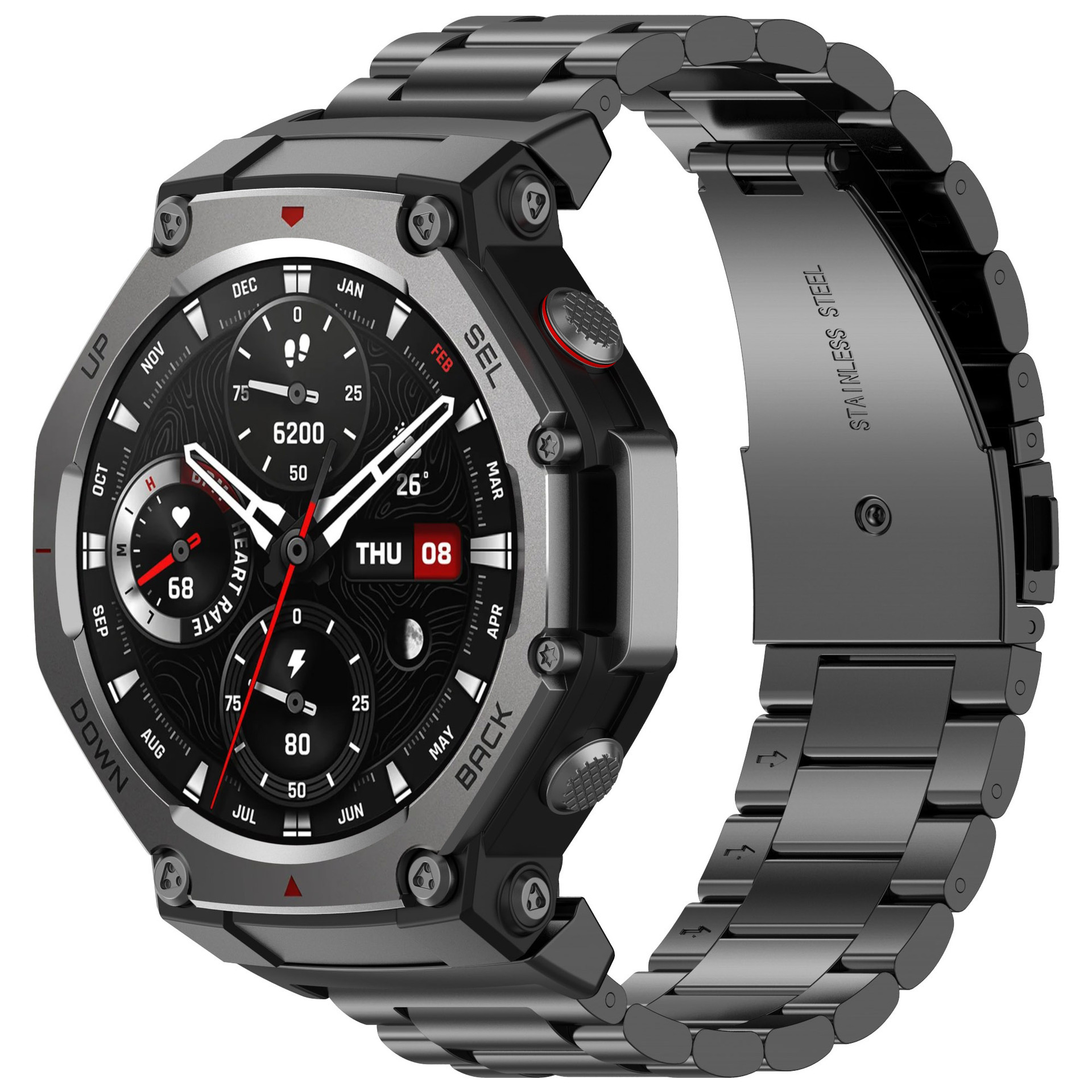 Schwarze Smartwatch mit Metallarmband. Digitaler Bildschirm zeigt Daten. Schwarzer Hintergrund.