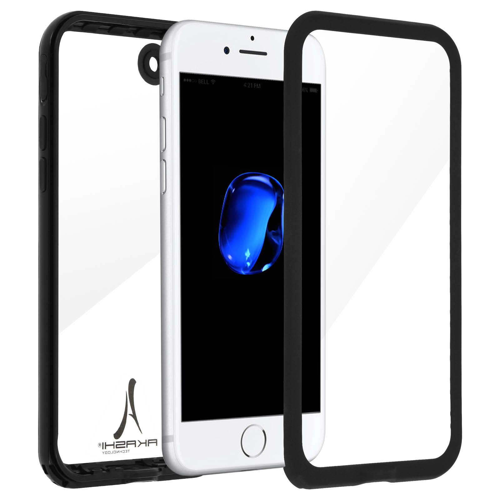 Telefono bianco con protezione schermo e custodia nera.