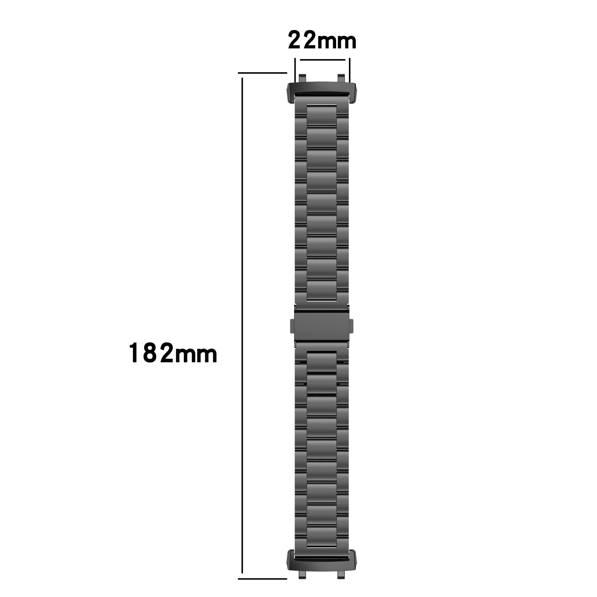 Schwarzes Metall-Uhrenarmband mit den Maßen 182 mm Länge und 22 mm Breite.