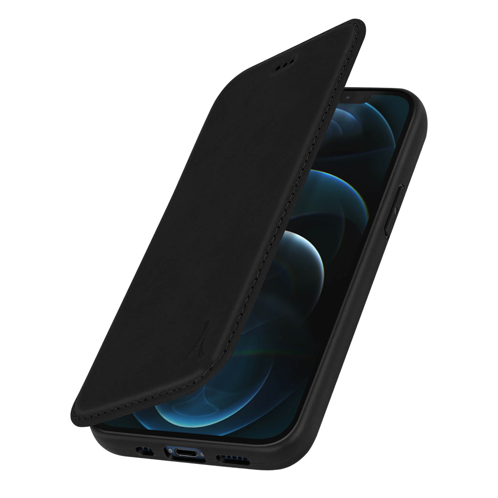 Telefono nero con custodia a libro in pelle nera aperta. Lo schermo è visibile e ha uno sfondo blu.