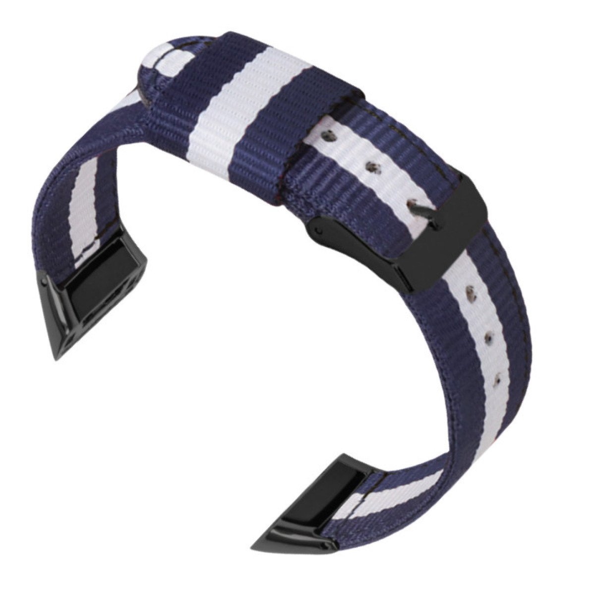 Ein blau-weiß gestreiftes Uhrenarmband mit schwarzer Hardware.