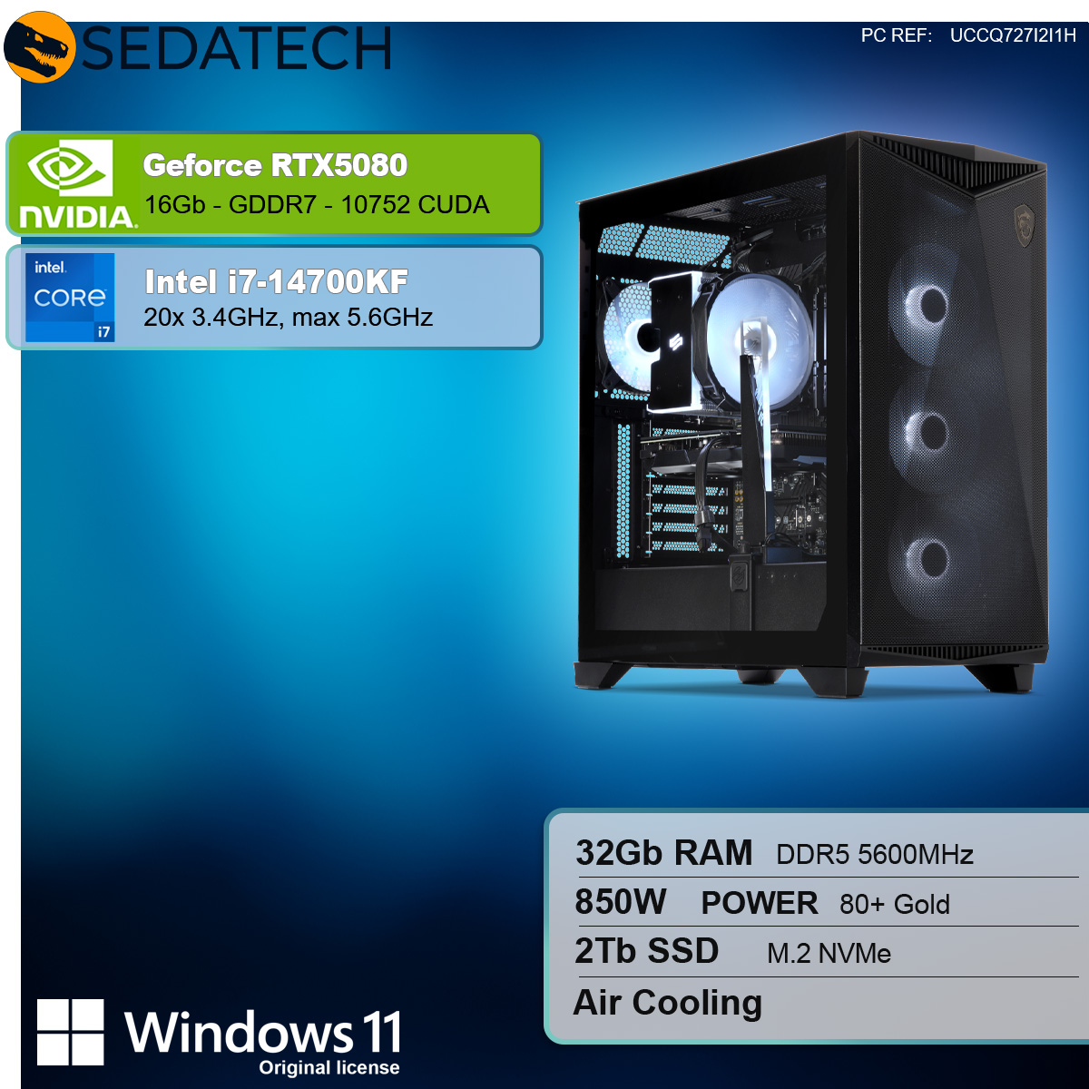 Case per computer con componenti. Etichette: Nvidia, Intel, Windows 11, 32GB RAM, 2TB SSD, 850W alimentazione, Raffreddamento ad aria.