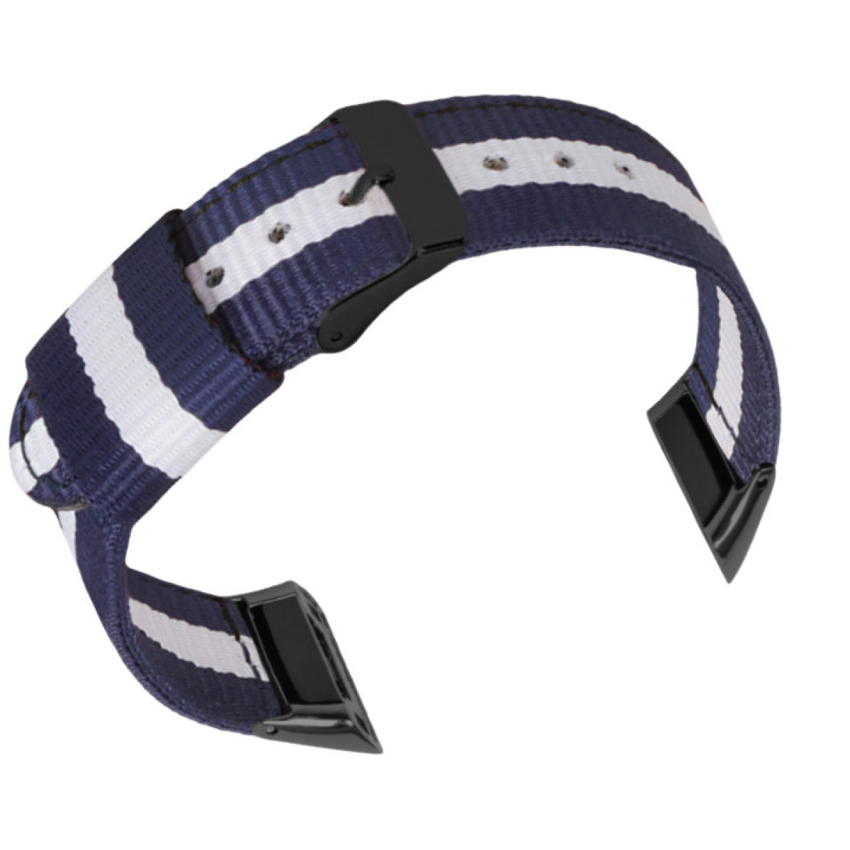Armband mit blau-weißen Streifen, schwarzer Schnalle und Befestigungen, auf weißem Hintergrund.