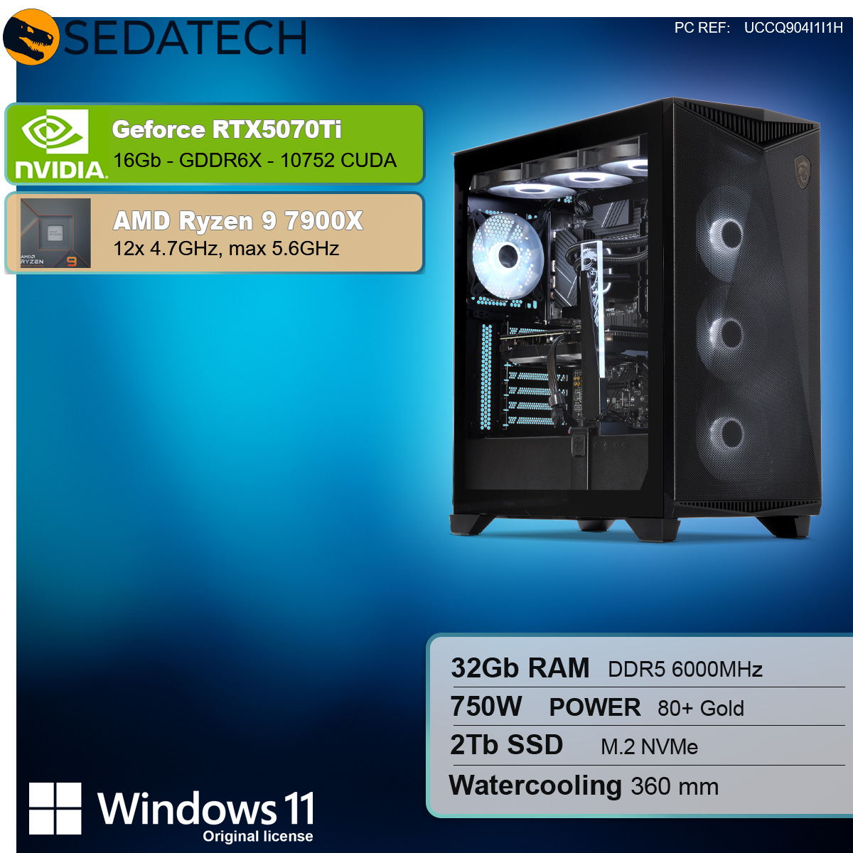 Un case per computer nero con testo e specifiche. Testo: GeForce RTX5070Ti, Ryzen 9 7900X, 32 GB RAM.
