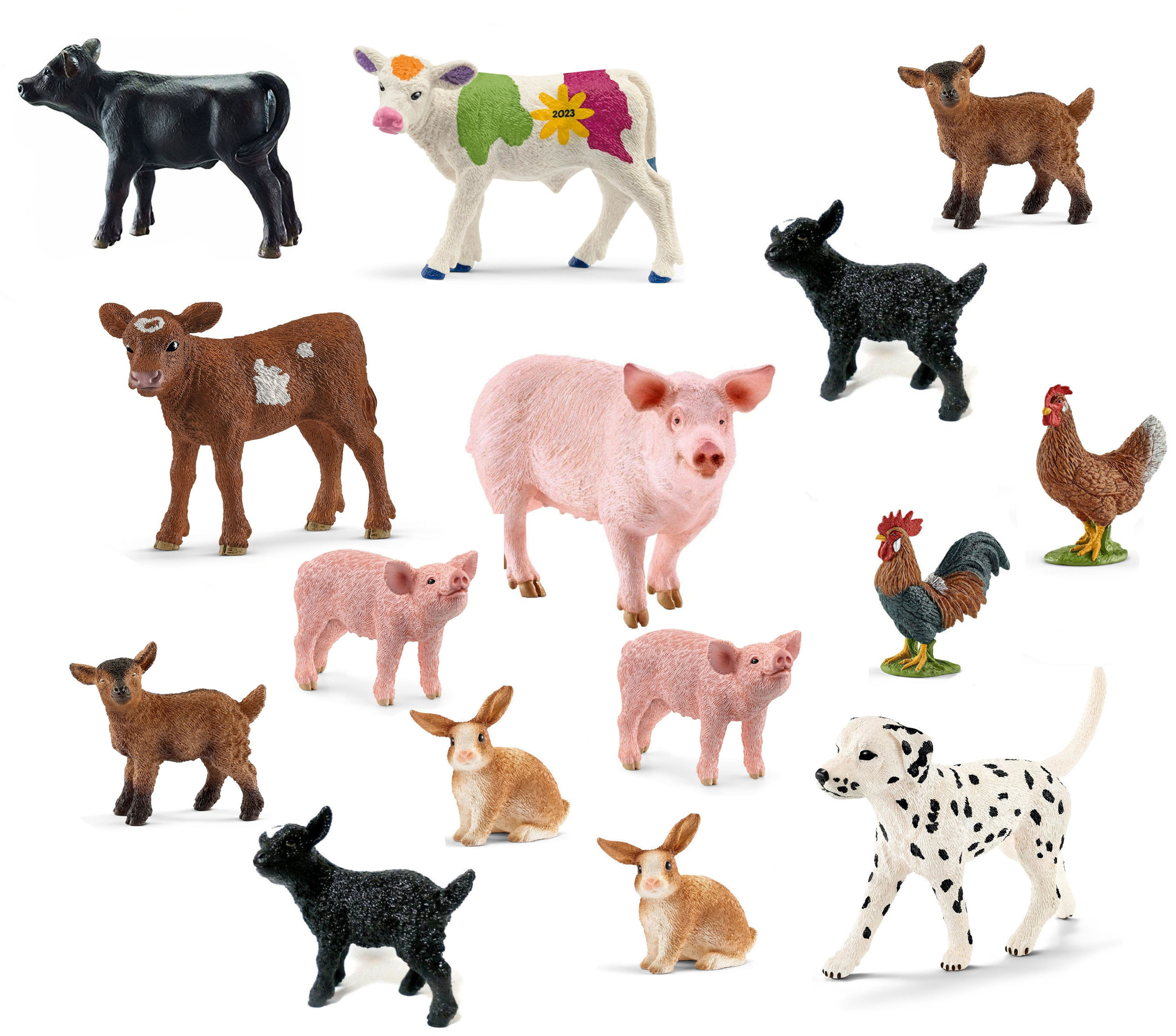Bauernhoftiere: schwarze Kuh, buntes Kalb, Ziegen, Schwein, Hahn, Henne, Hund, Kaninchen.