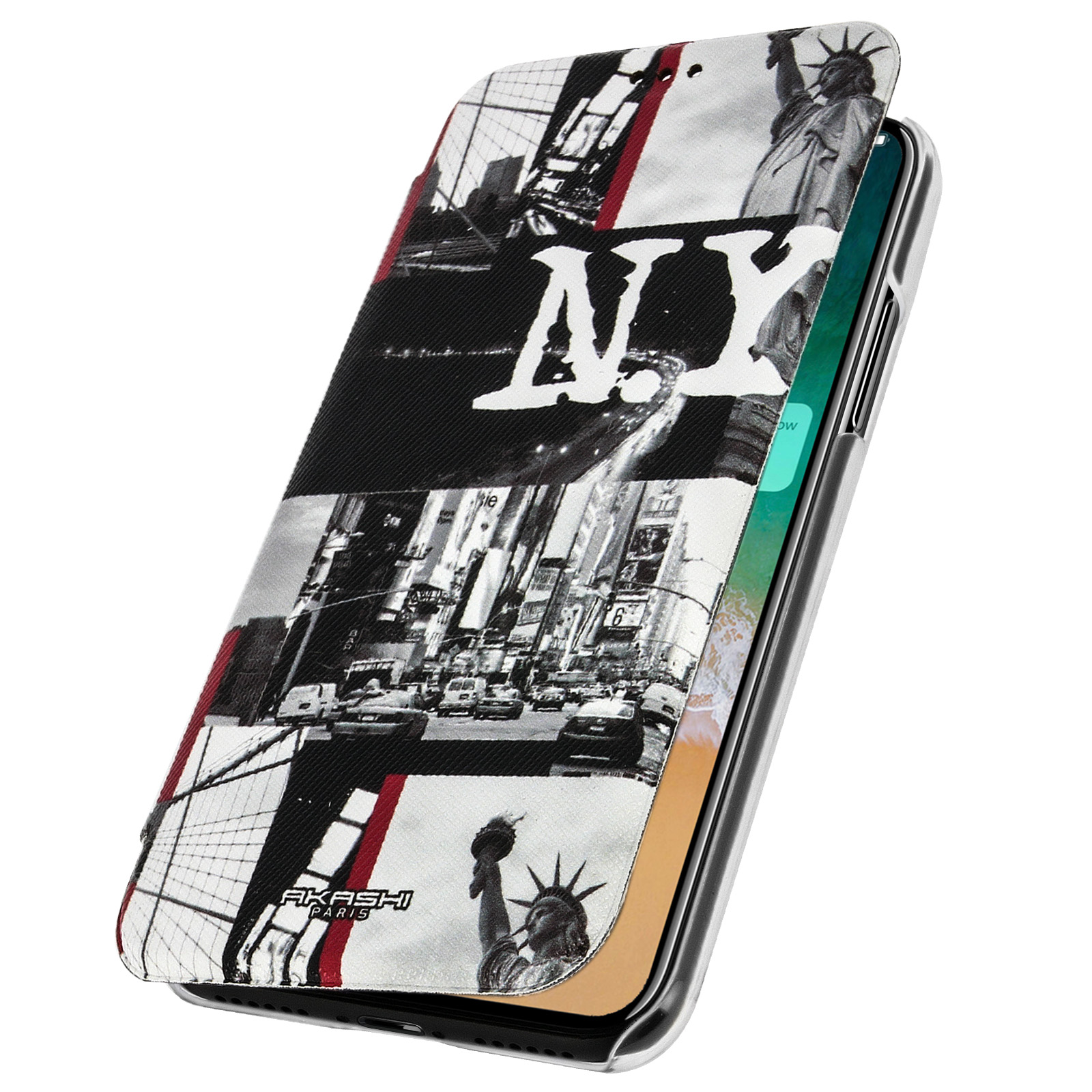 Custodia per telefono con scena di New York. La custodia è aperta e lo schermo è visibile.