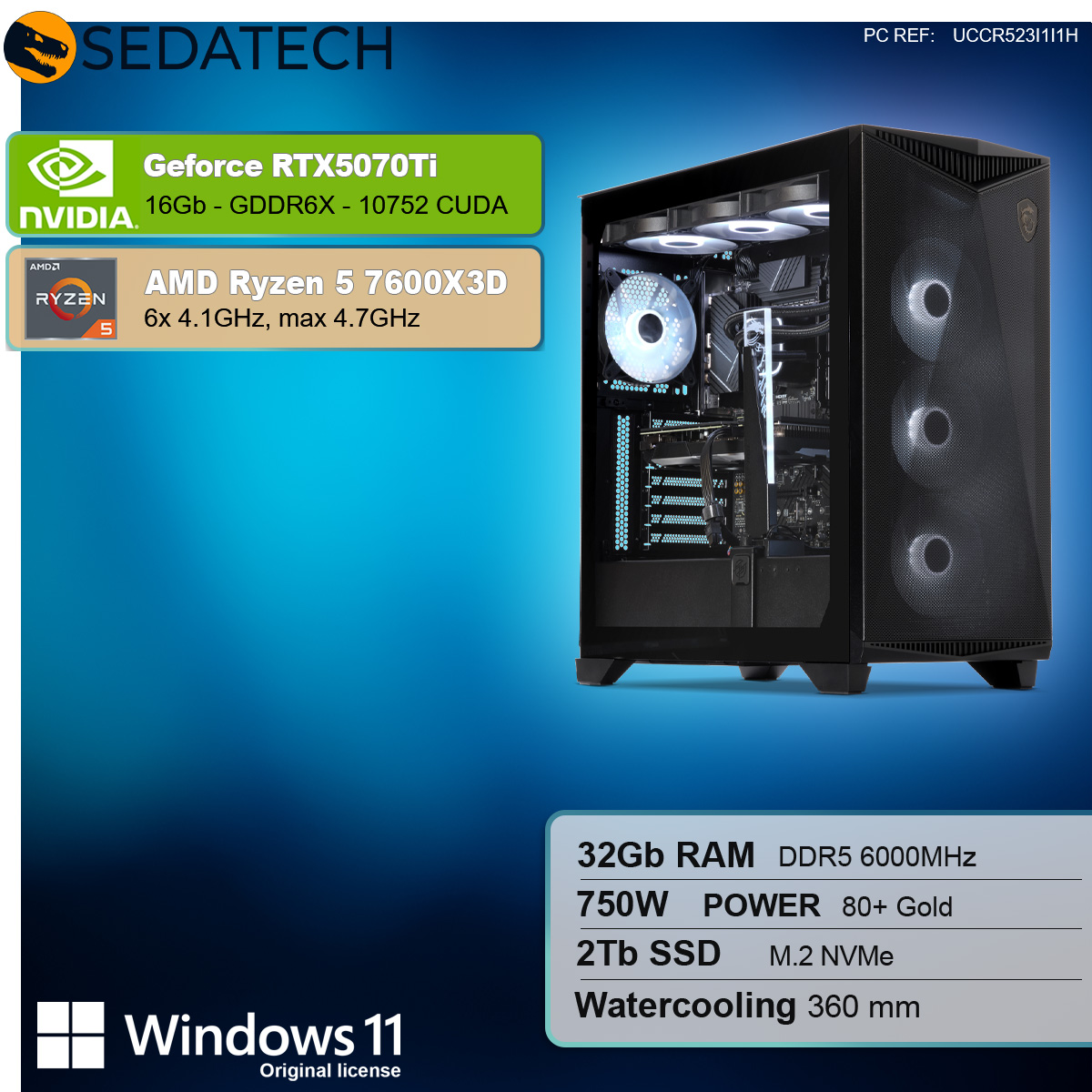 Un case nero di computer con componenti all'interno, più caselle di testo con specifiche.
