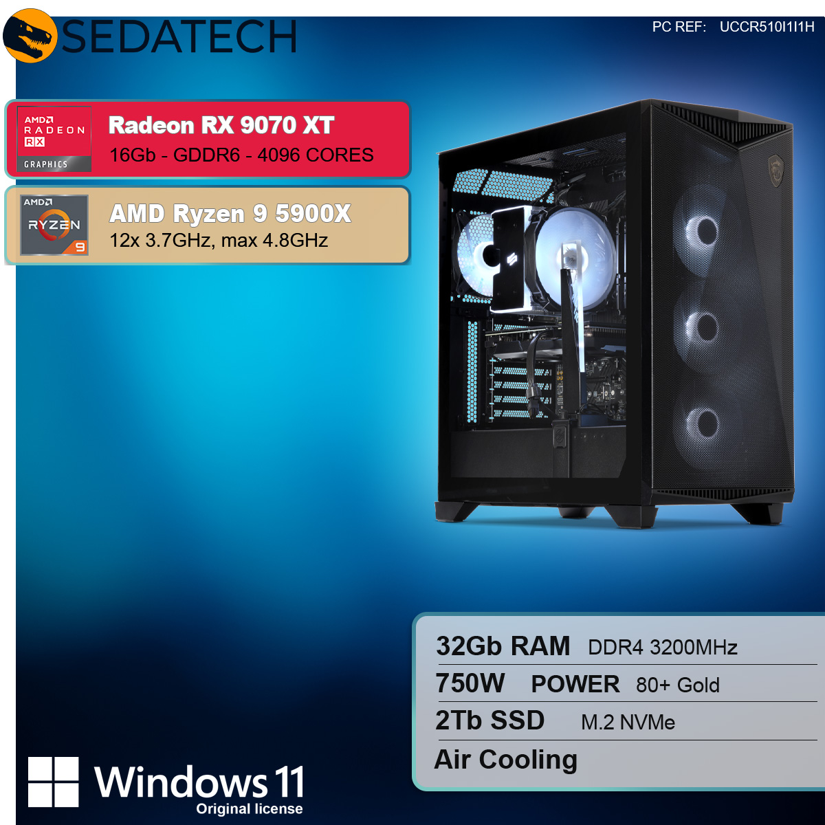 Case per computer nero. Sono visibili le etichette della scheda grafica e del processore AMD.