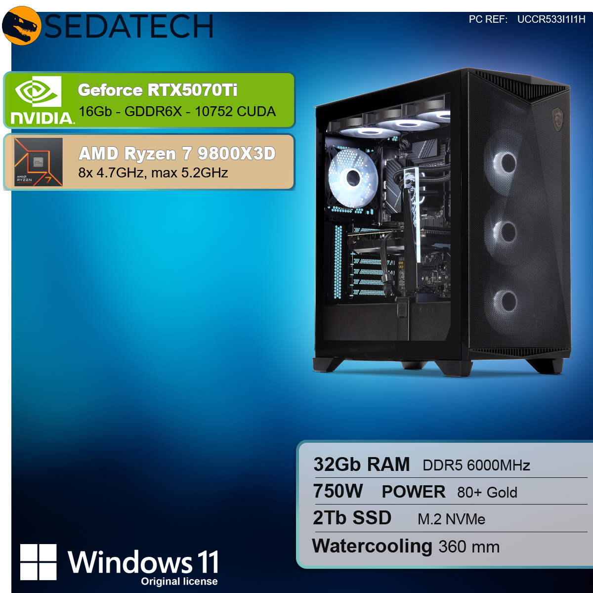 Case per computer nero con componenti, tra cui una scheda grafica e un logo Windows 11.
