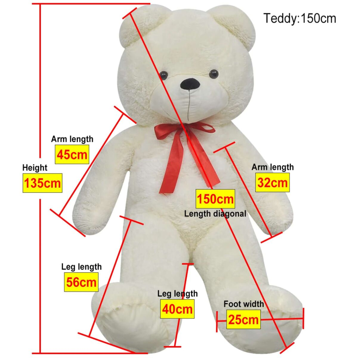 Großer weißer Teddybär mit roter Schleife, Maße: 135cm Höhe, 150cm diagonale Länge.