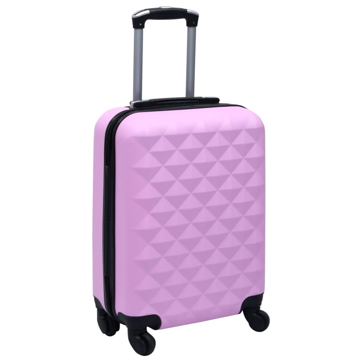 Un trolley lavanda con manico e ruote, su sfondo bianco.