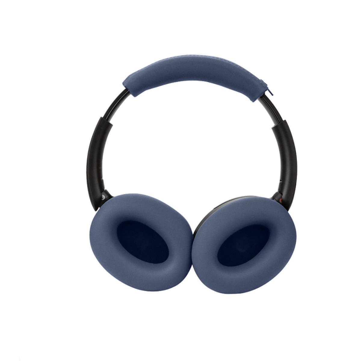 Niebieskie słuchawki na białym tle. Nauszniki są duże i owalne.