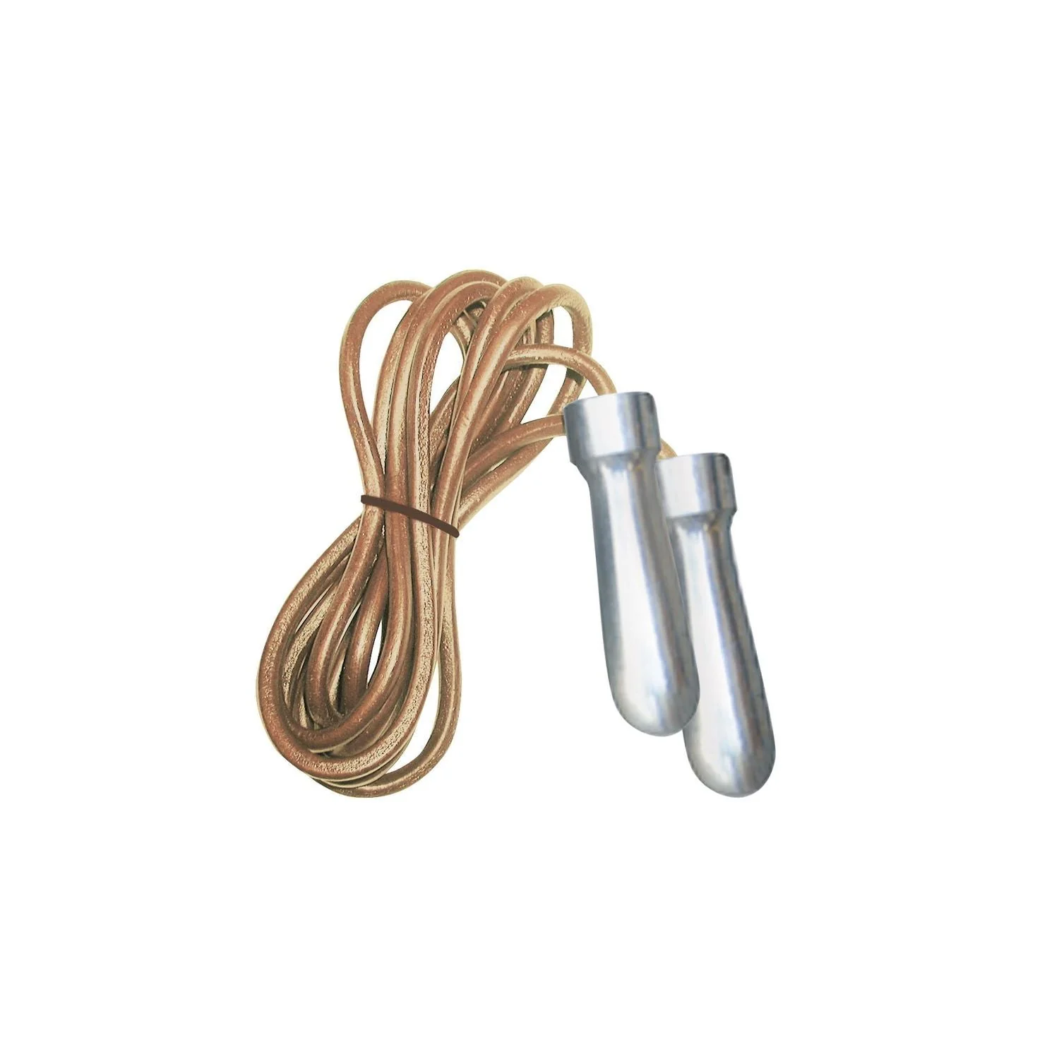 Une corde à sauter marron avec des poignées argentées, posée sur une surface blanche.