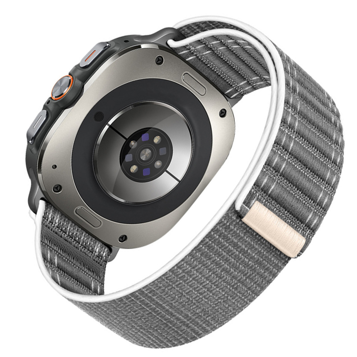 Rückseite einer Smartwatch mit grauem Stoffarmband. Weißes Band befestigt das Armband an der Uhr.