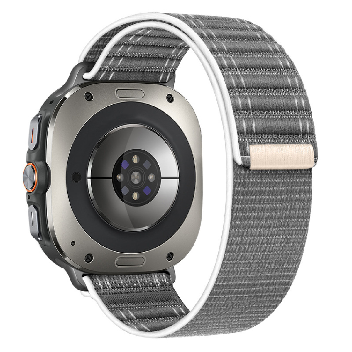 Eine Smartwatch mit grauem Armband und silbernem Gehäuse. Rückseite zeigt Sensoren und Ladekontakte.