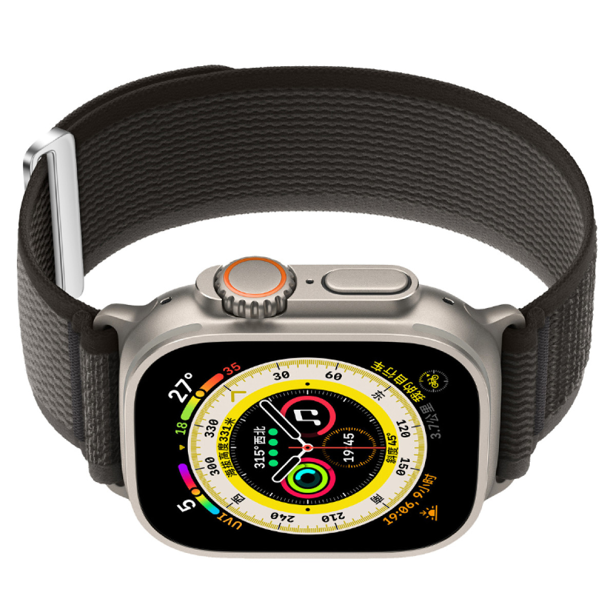 Silberne Smartwatch mit schwarzem Armband. Display zeigt Zeit und Gesundheitsdaten. Silberne Schnalle. Weißer Hintergrund.