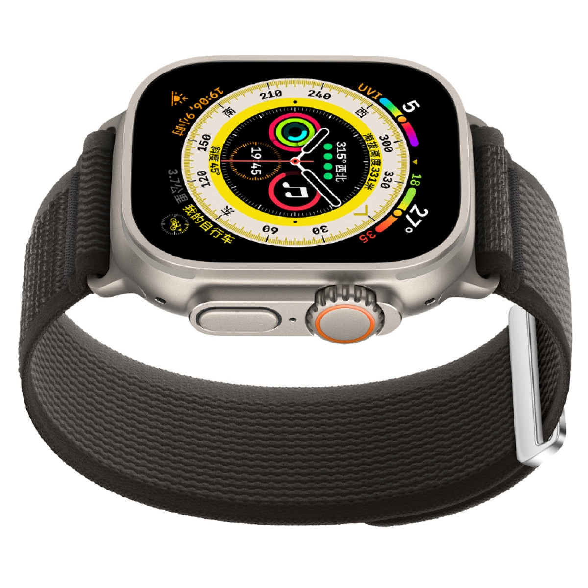 Silberne Smartwatch mit dunkelgrauem Armband, zeigt farbenfrohe Oberfläche.