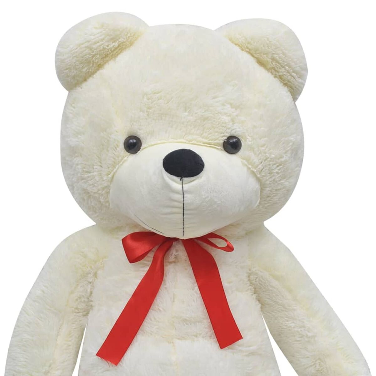 Großer weißer Teddybär mit roter Schleife auf weißem Hintergrund.