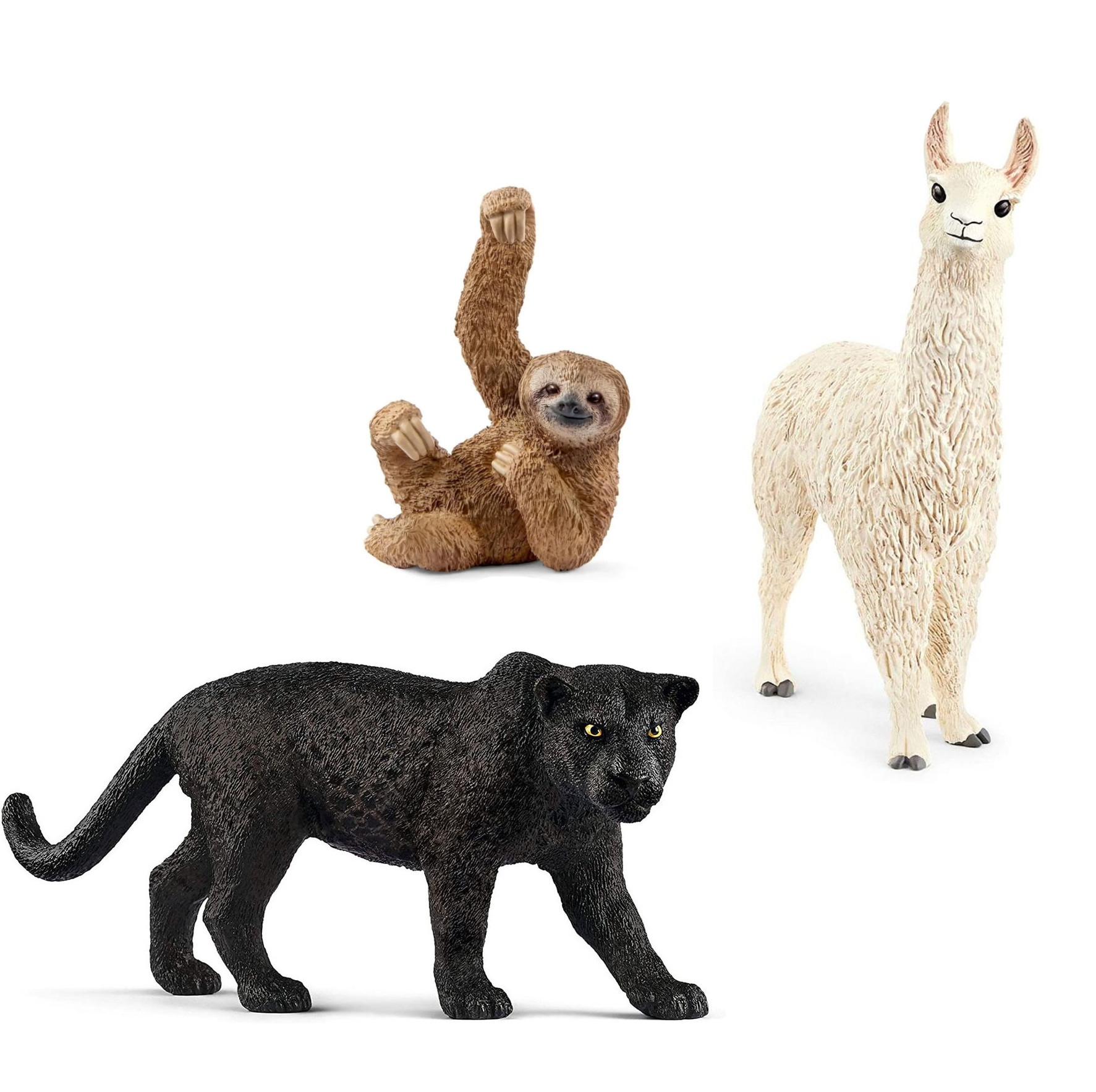 Drei Tierfiguren: ein Faultier, ein Lama und ein schwarzer Panther auf weißem Grund.