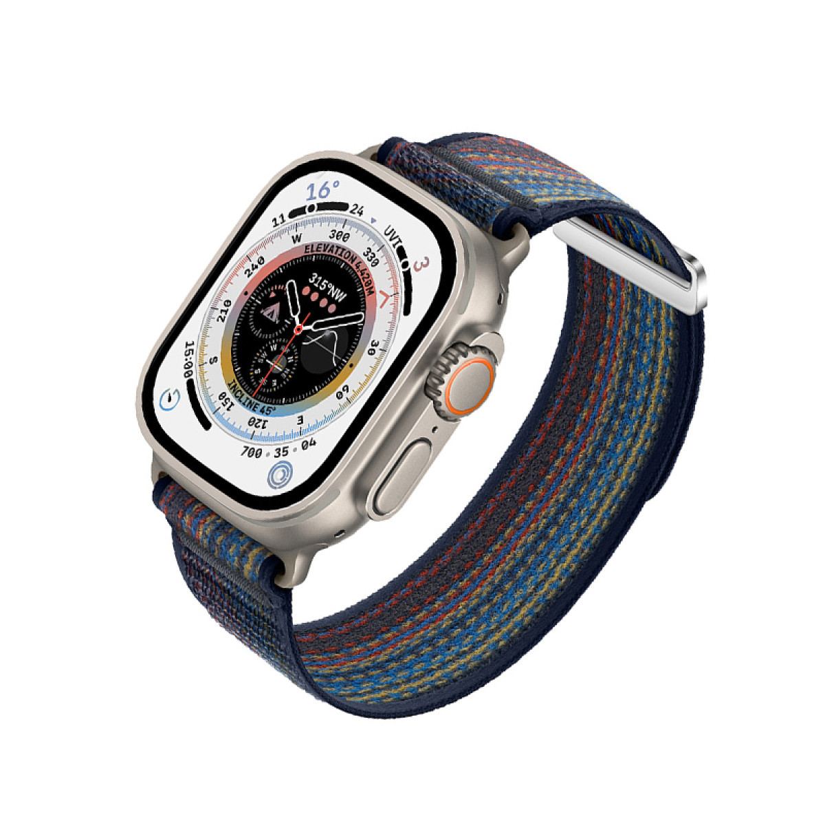 Silberne Smartwatch mit buntem Armband. Die Uhr zeigt Zeit, Kompass und andere Daten.