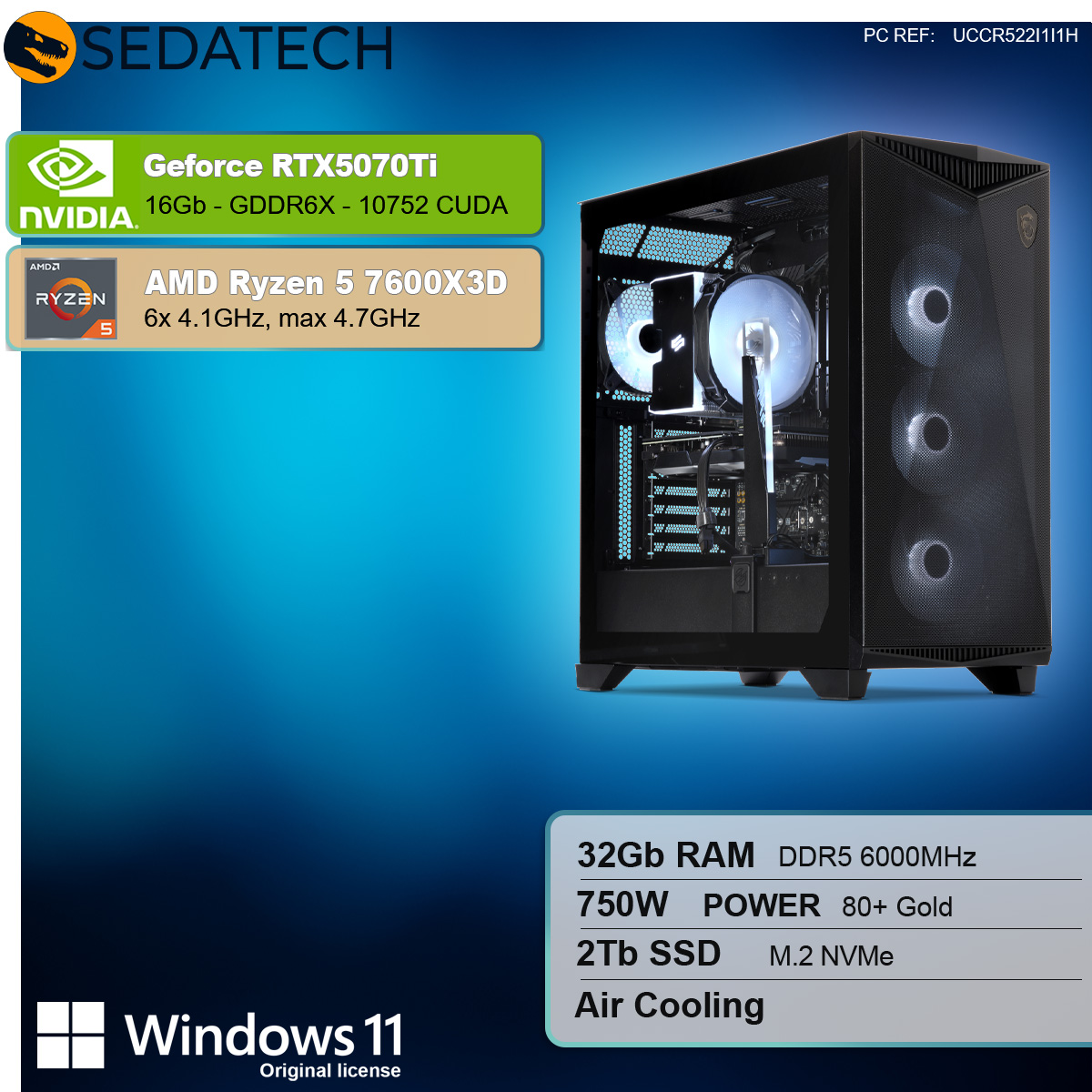 Componenti del computer con testo: GeForce RTX5070Ti, AMD Ryzen 5, 32Gb RAM, 2Tb SSD e Windows 11.