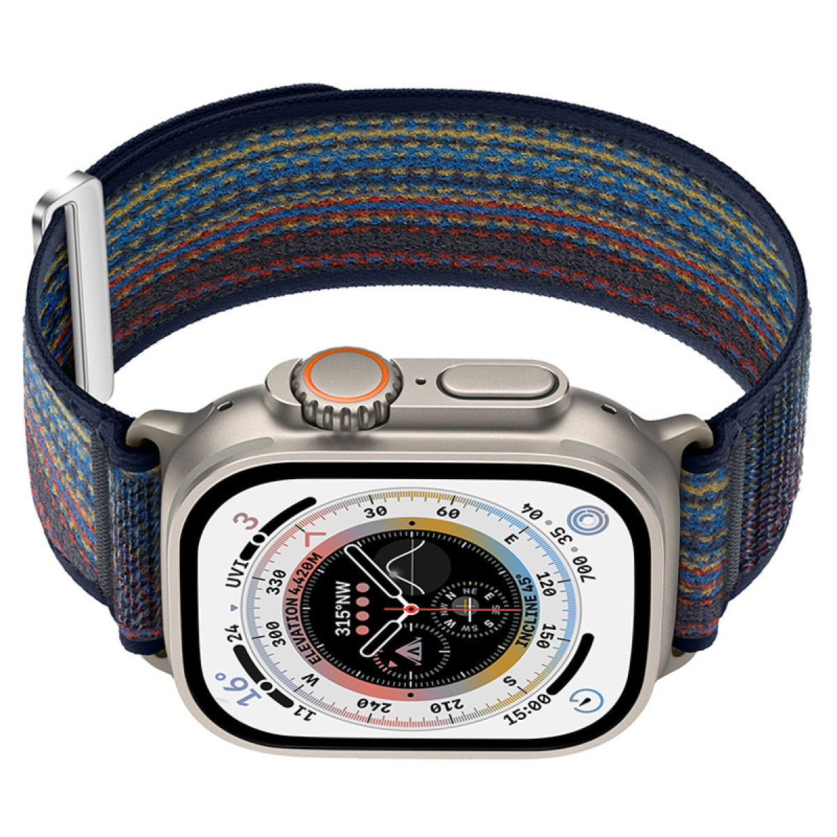 Silberne Apple Watch mit blauem und mehrfarbigem Armband, Nahaufnahme, zeigt das Zifferblatt mit der Uhrzeit.