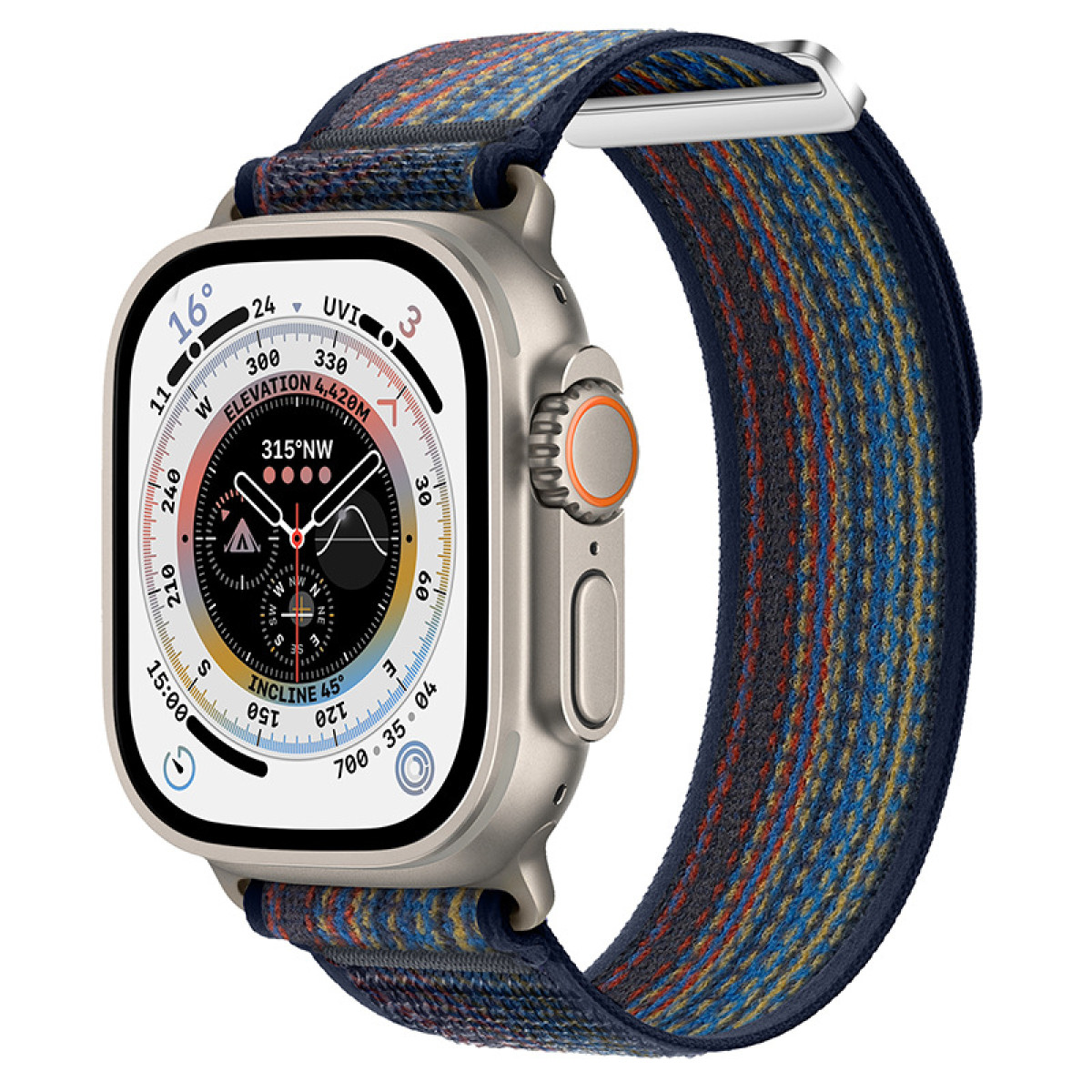 Silberne Smartwatch mit blau-orangefarbenem Armband. Zeigt Zifferblatt mit Daten.