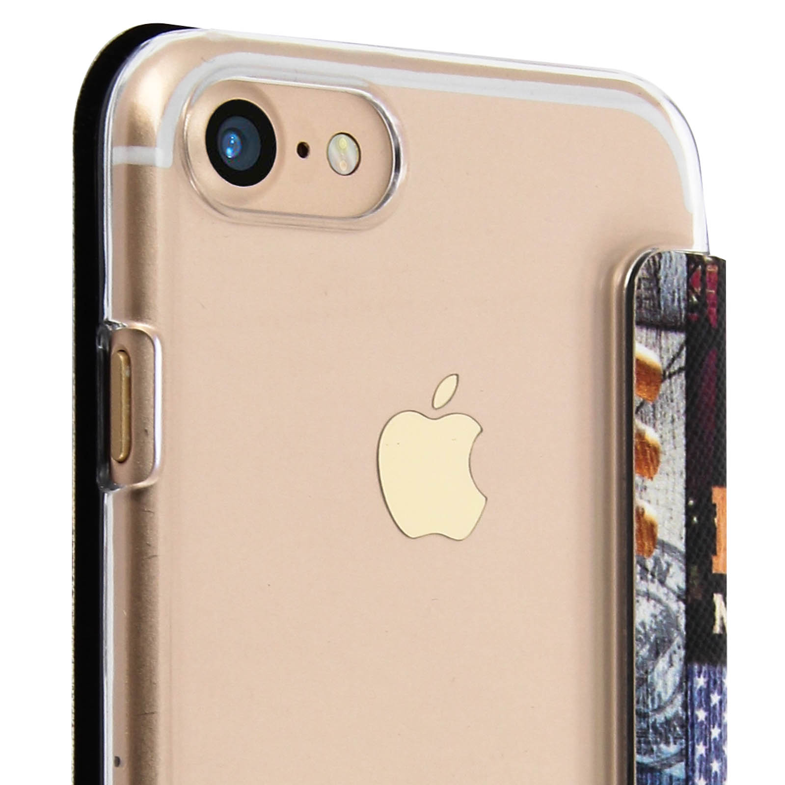 iPhone 7 oro, custodia trasparente, obiettivo fotocamera. Striscia destra con fantasia.
