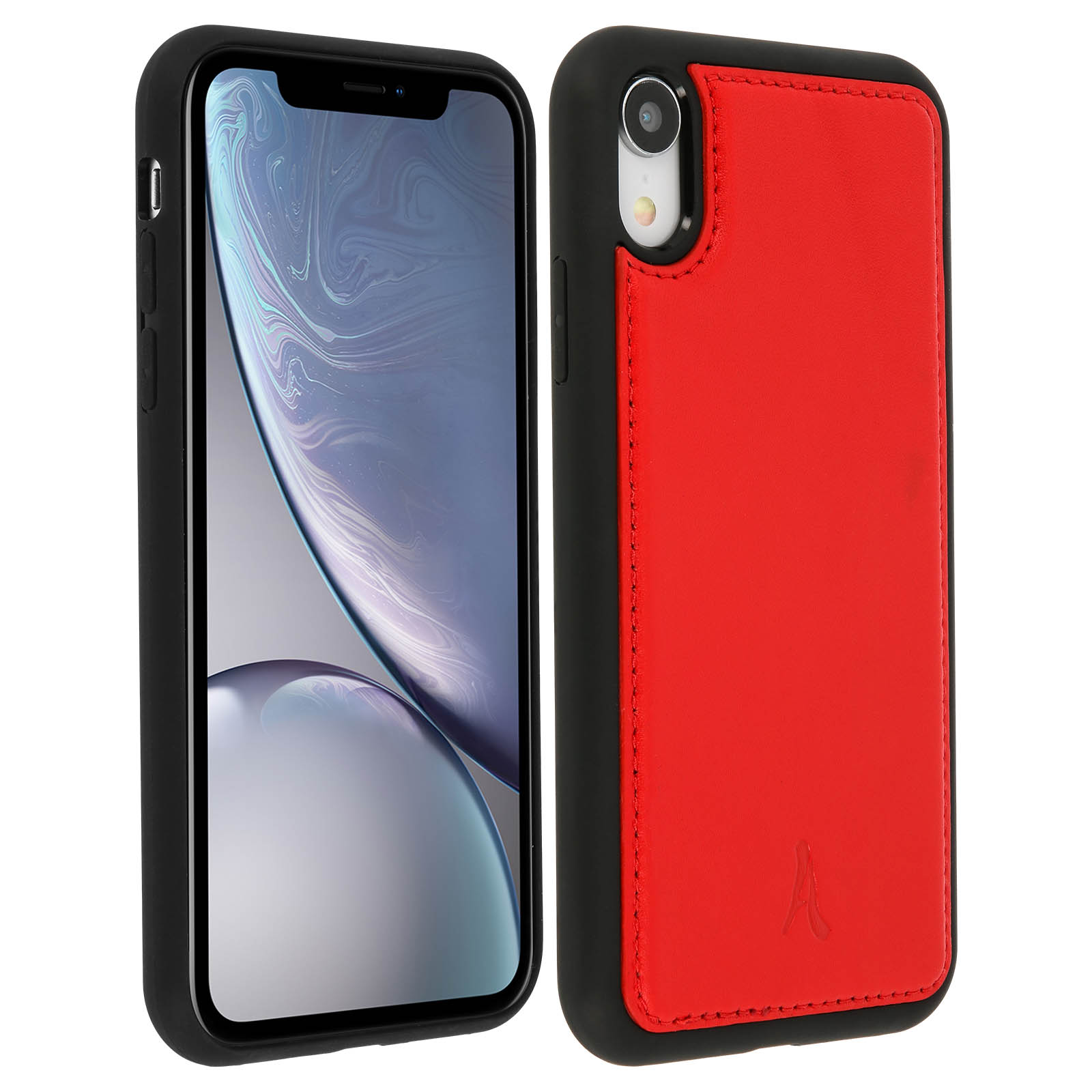 Custodia per telefono con retro in pelle rossa e cornice nera. Il telefono è nella custodia a sinistra.