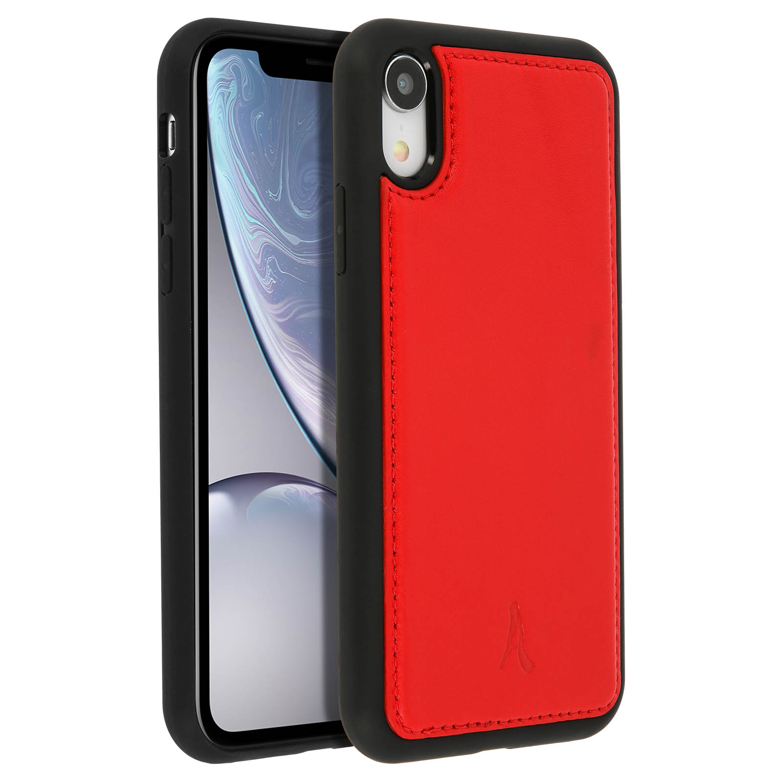 Custodia per telefono nera con retro in pelle rossa, cornice nera e fotocamera. La custodia ha un logo 'A'.