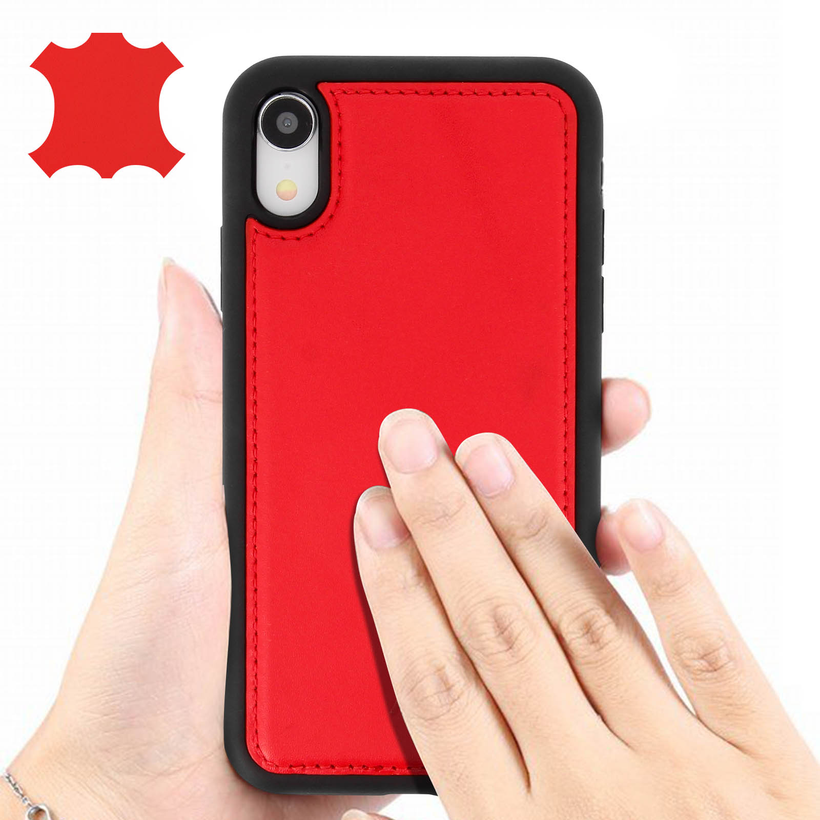 Mano che tiene una custodia rossa e nera con l'immagine di pelle rossa.