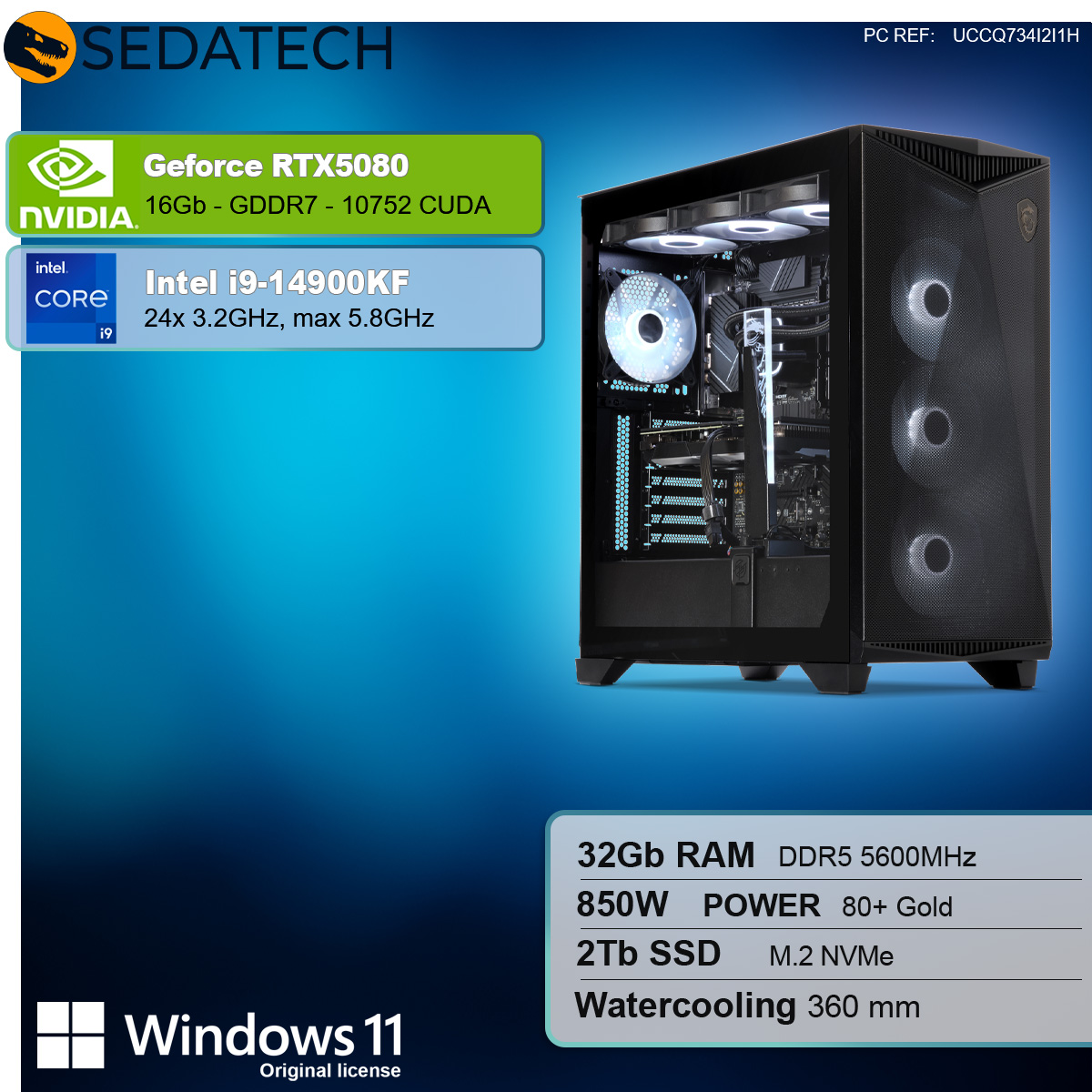 Obudowa komputera z komponentami: NVIDIA GeForce RTX5080, Intel i9-14900KF, 32GB RAM, 2TB SSD, chłodzenie wodne.