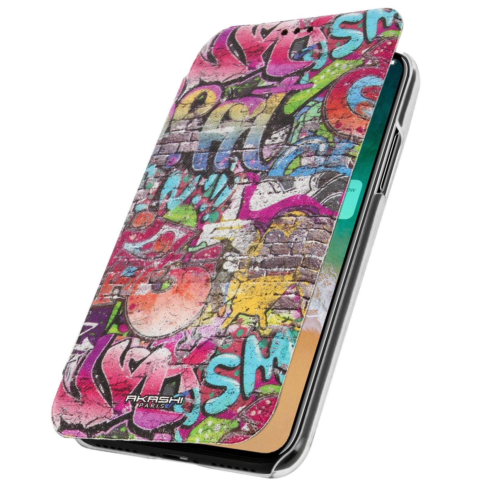 Custodia per telefono con design di graffiti, aperta, su un telefono con schermo bianco.
