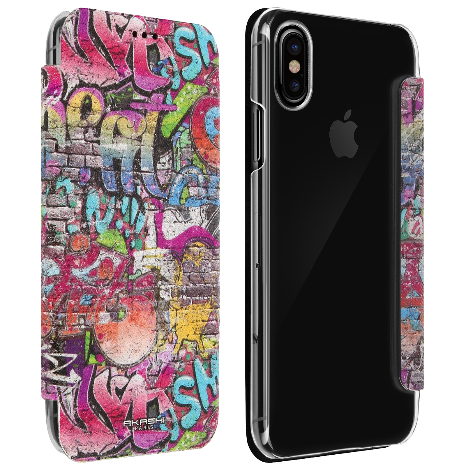 Una custodia per telefono con graffiti sul davanti e un telefono nero.