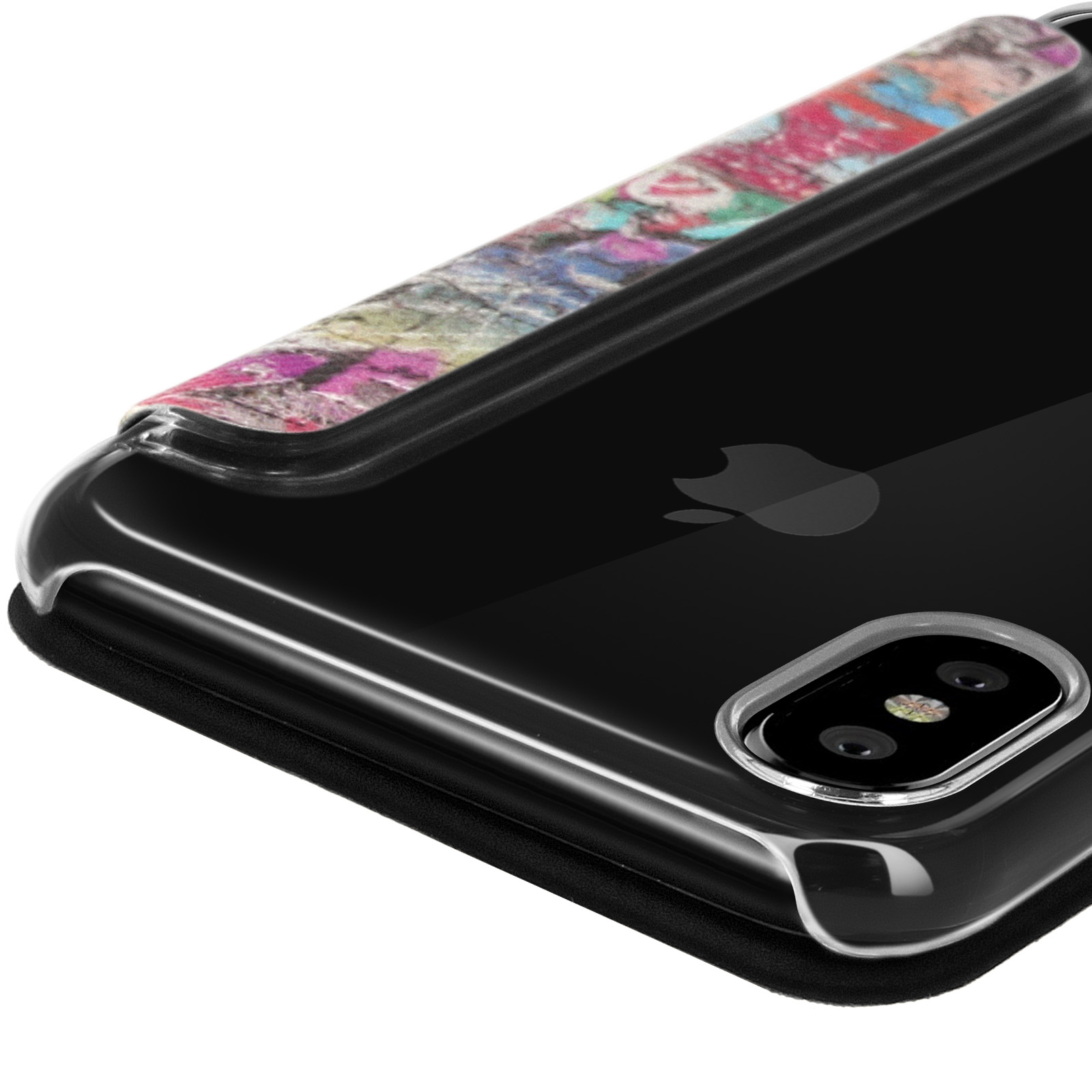 Una custodia trasparente con parte superiore a fantasia colorata, attorno a un telefono nero con fotocamera.