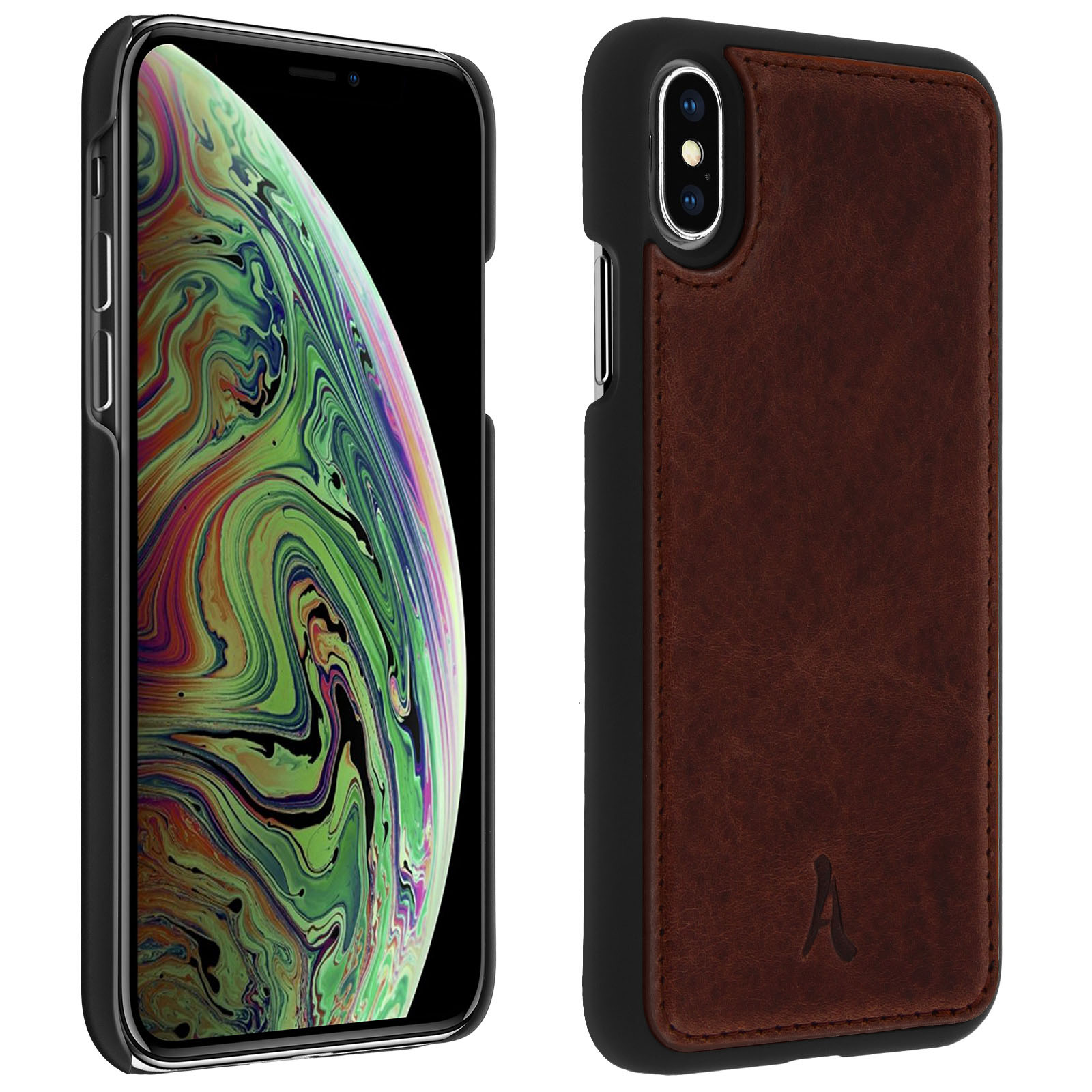 Smartphone con custodia posteriore in pelle marrone. Lo schermo mostra un'immagine verde e gialla.