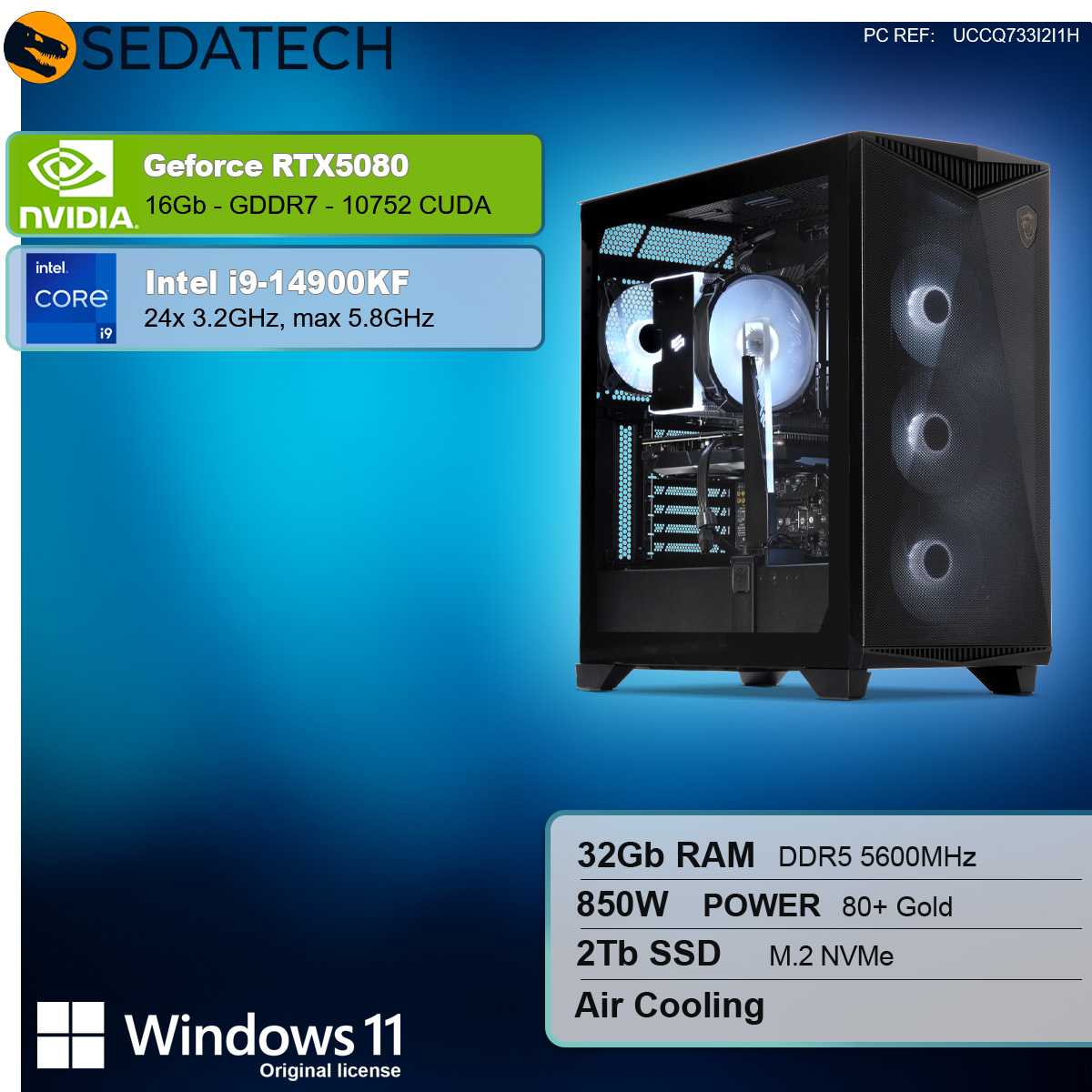 Computer, case nero, componenti: GeForce RTX 5080, Intel i9-14900KF, 32GB RAM, 850W, 2TB SSD, Windows 11. Sfondo blu e verde.