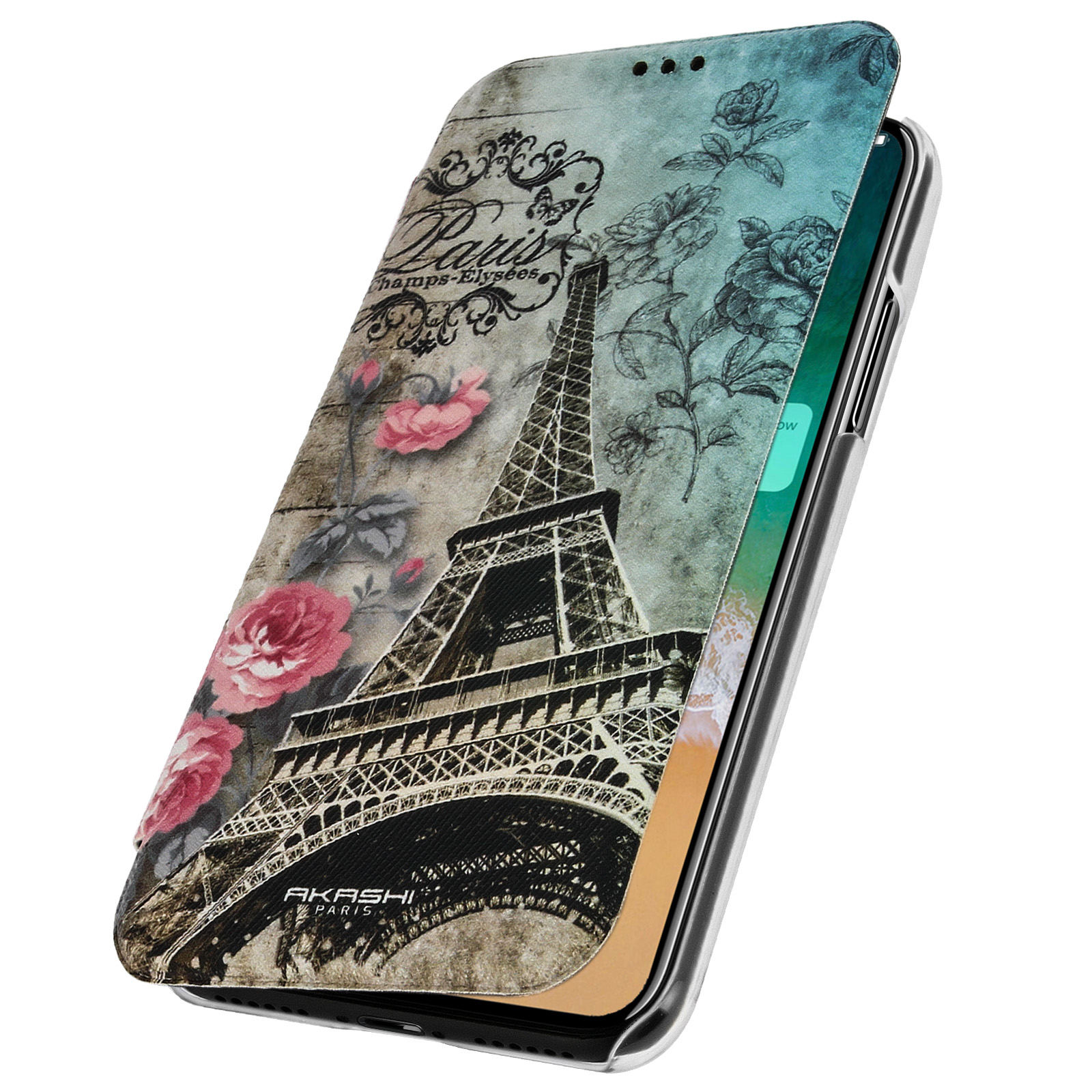 Una custodia per telefono a tema Parigi, con la Torre Eiffel e rose su sfondo blu.