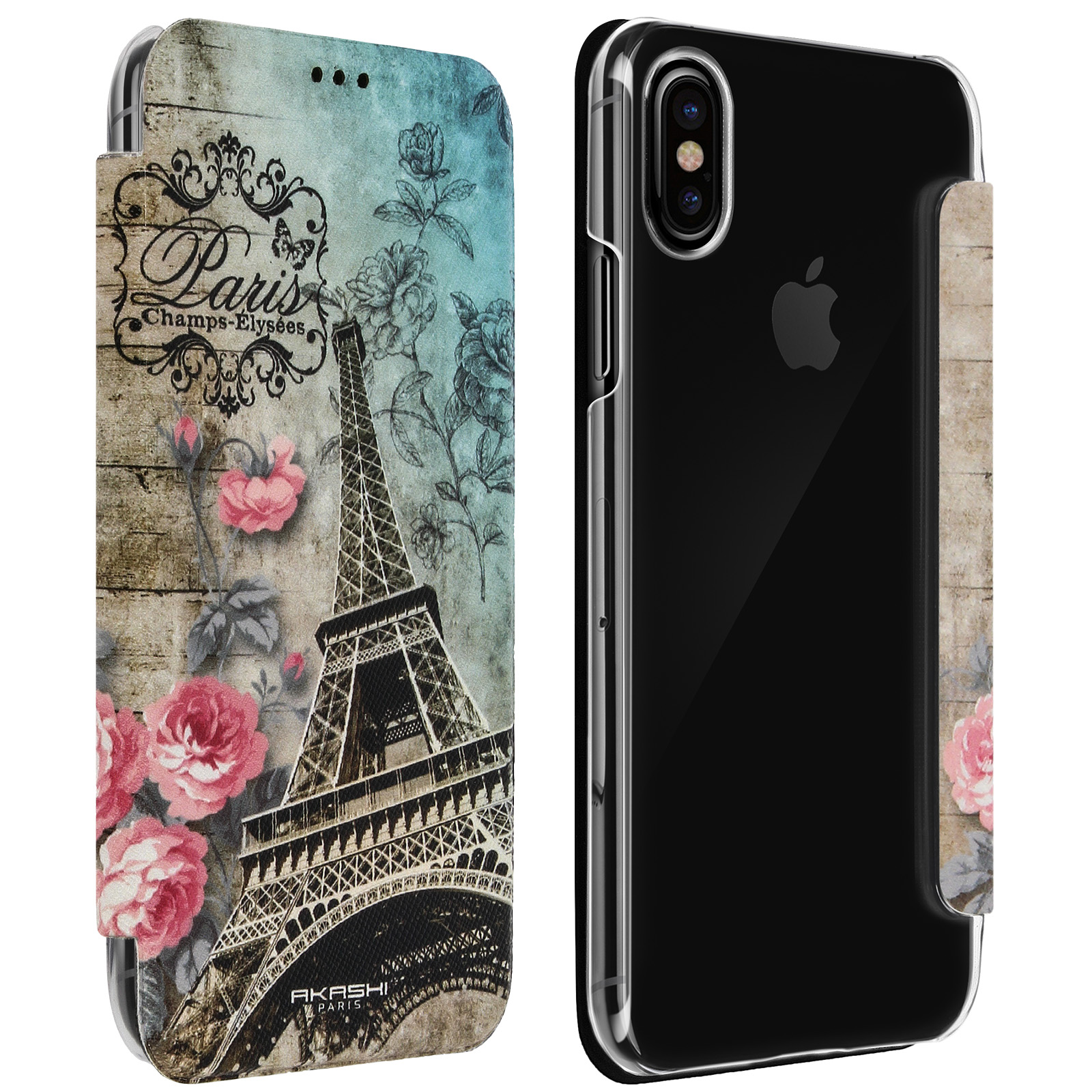 Custodia per telefono con Torre Eiffel e design floreale. La custodia è su un telefono trasparente. Parigi, Champs-Élysées.