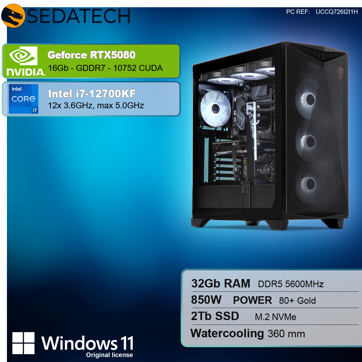 Case per computer nero con specifiche: GeForce RTX5080, Intel i7-12700KF, 32GB RAM.