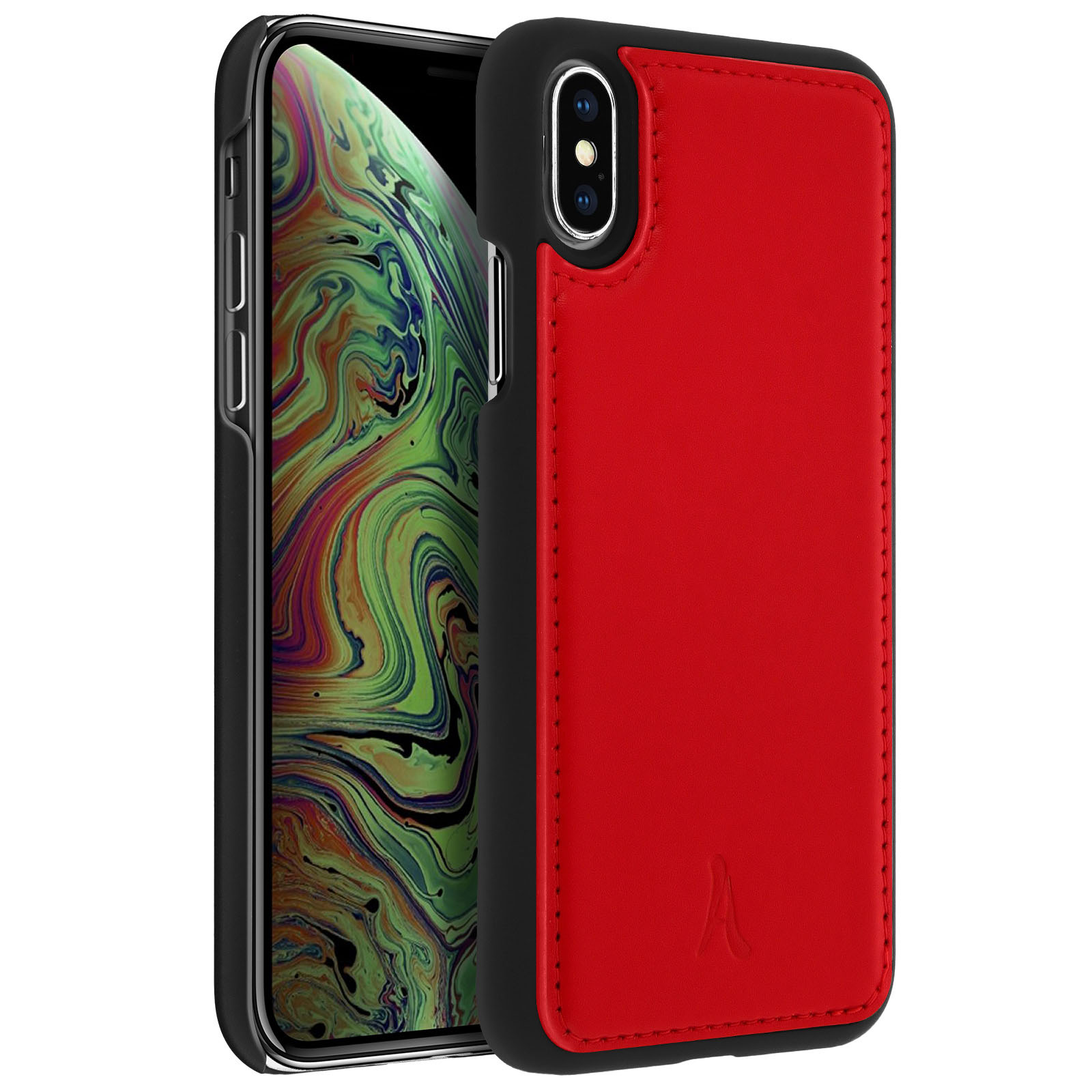 Custodia per telefono in pelle rossa su un telefono nero. Il telefono è aperto e mostra uno schermo verde.