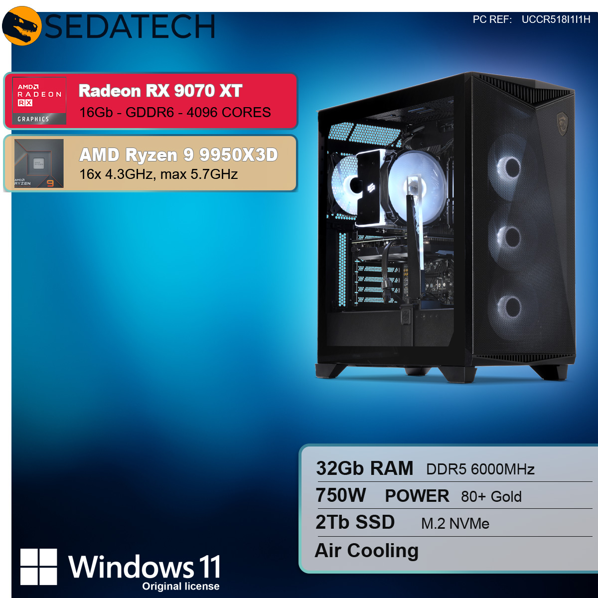 Case per computer con componenti, specifiche a sinistra. Sfondo blu.