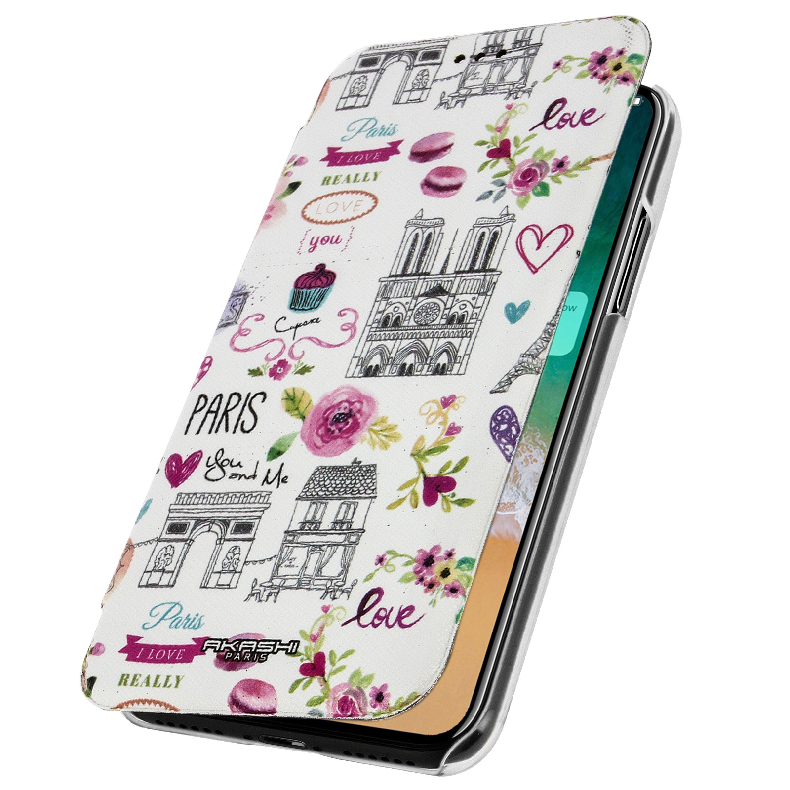 Una custodia per telefono a tema parigino, con illustrazioni e testo.