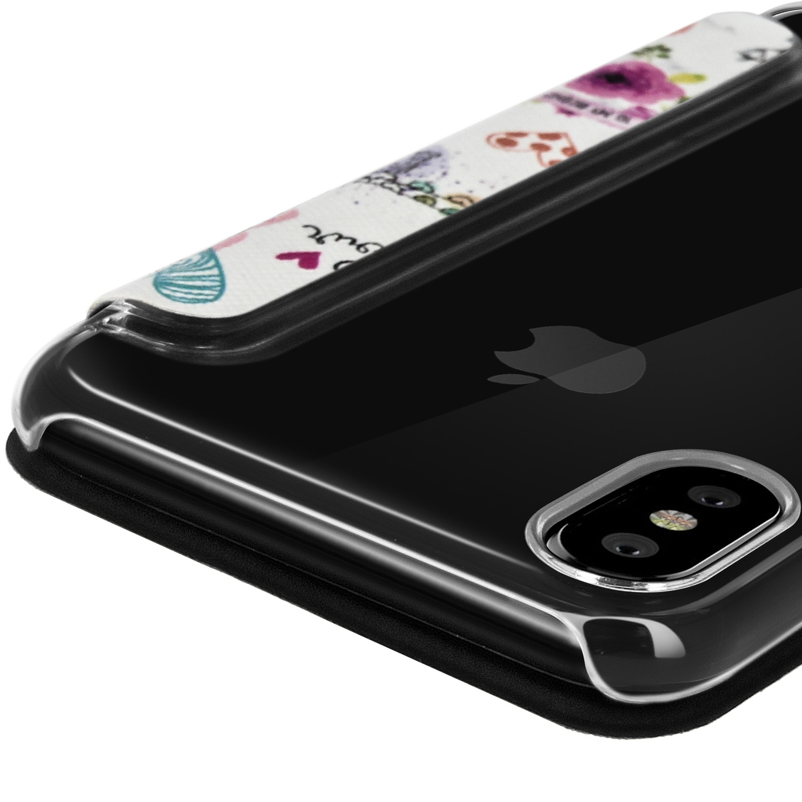 Primo piano di una custodia per telefono con cinturino floreale, retro trasparente e bordo nero.