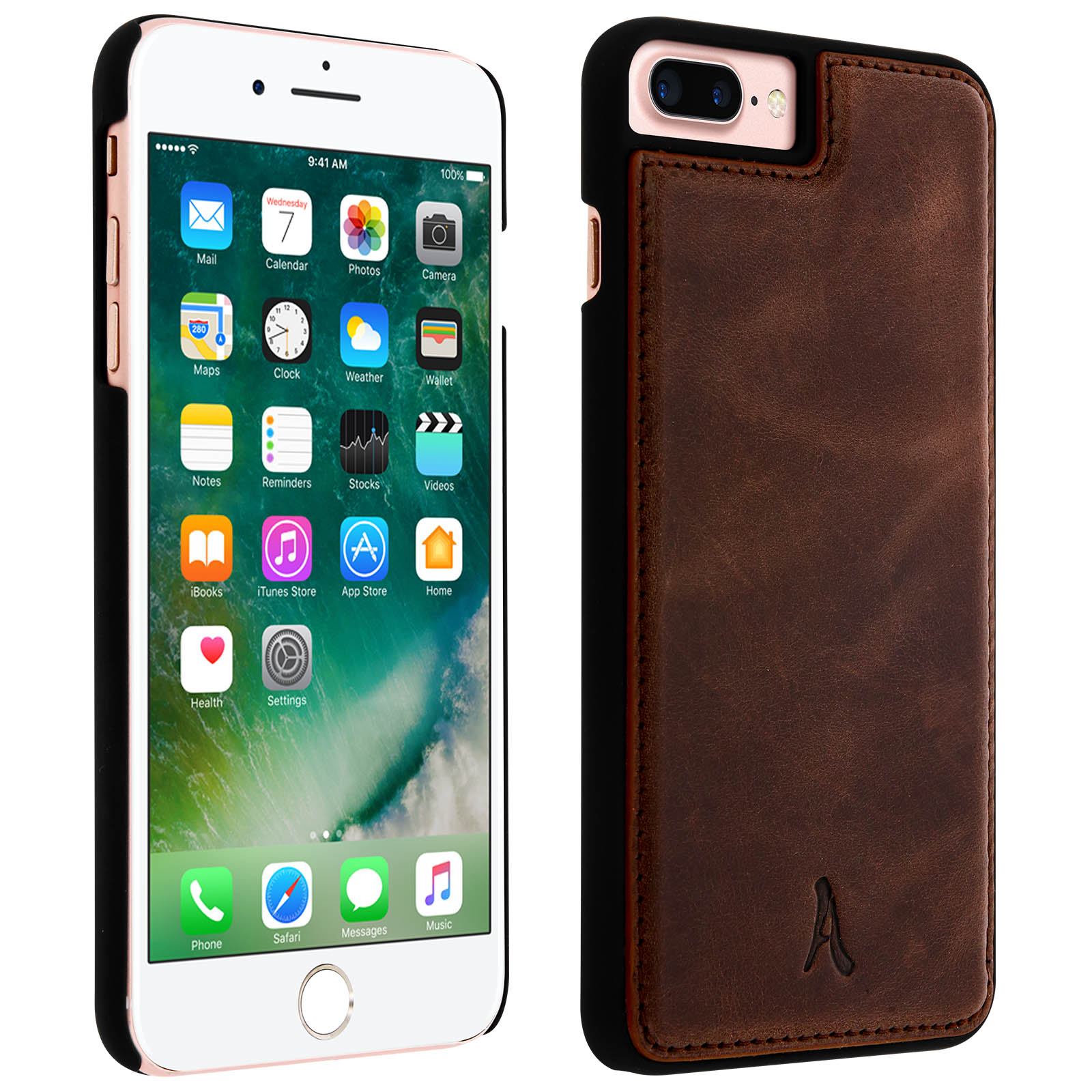 iPhone bianco con schermo acceso e una custodia in pelle marrone con bordo scuro.