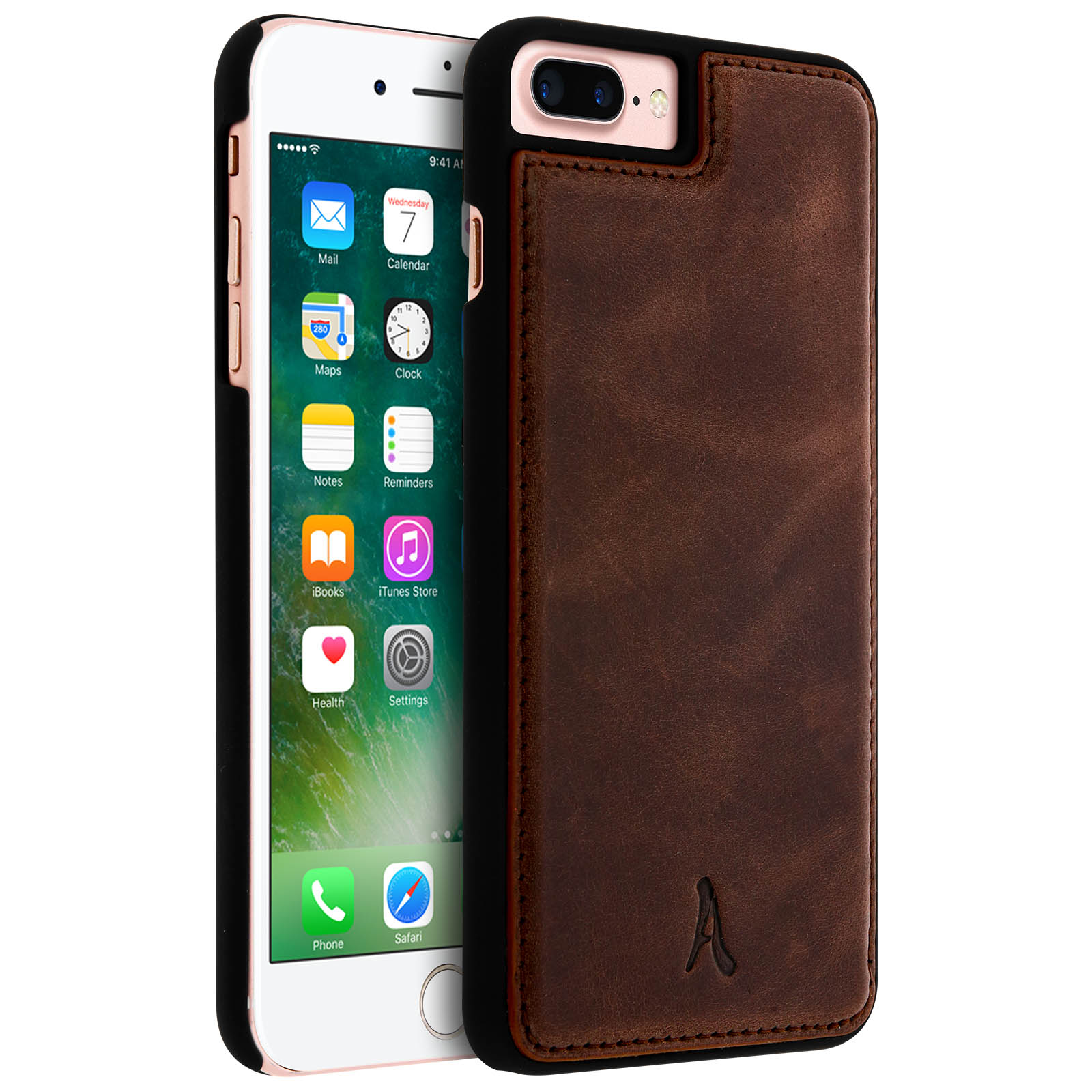 Telefono bianco con custodia in pelle marrone.